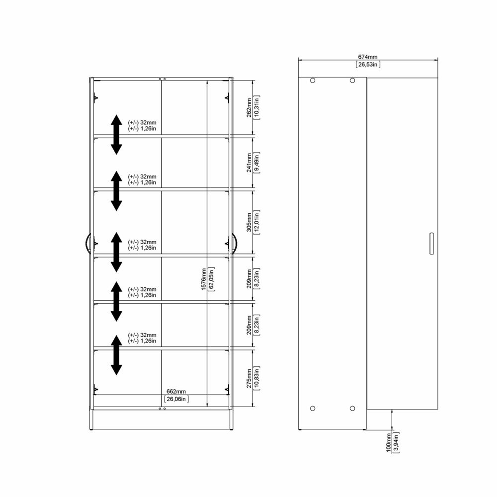 "Focus" 2-door shoe cabinet in white wood, 69.2 x 34.6 cm, 170.4 cm high.