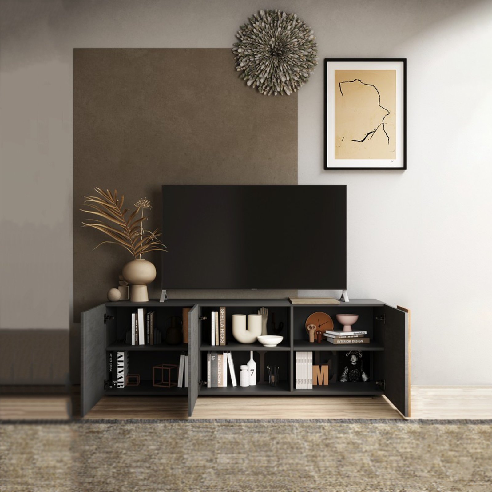 "Venus" 3-door wooden TV stand for living room, 181x44 cm, 59h