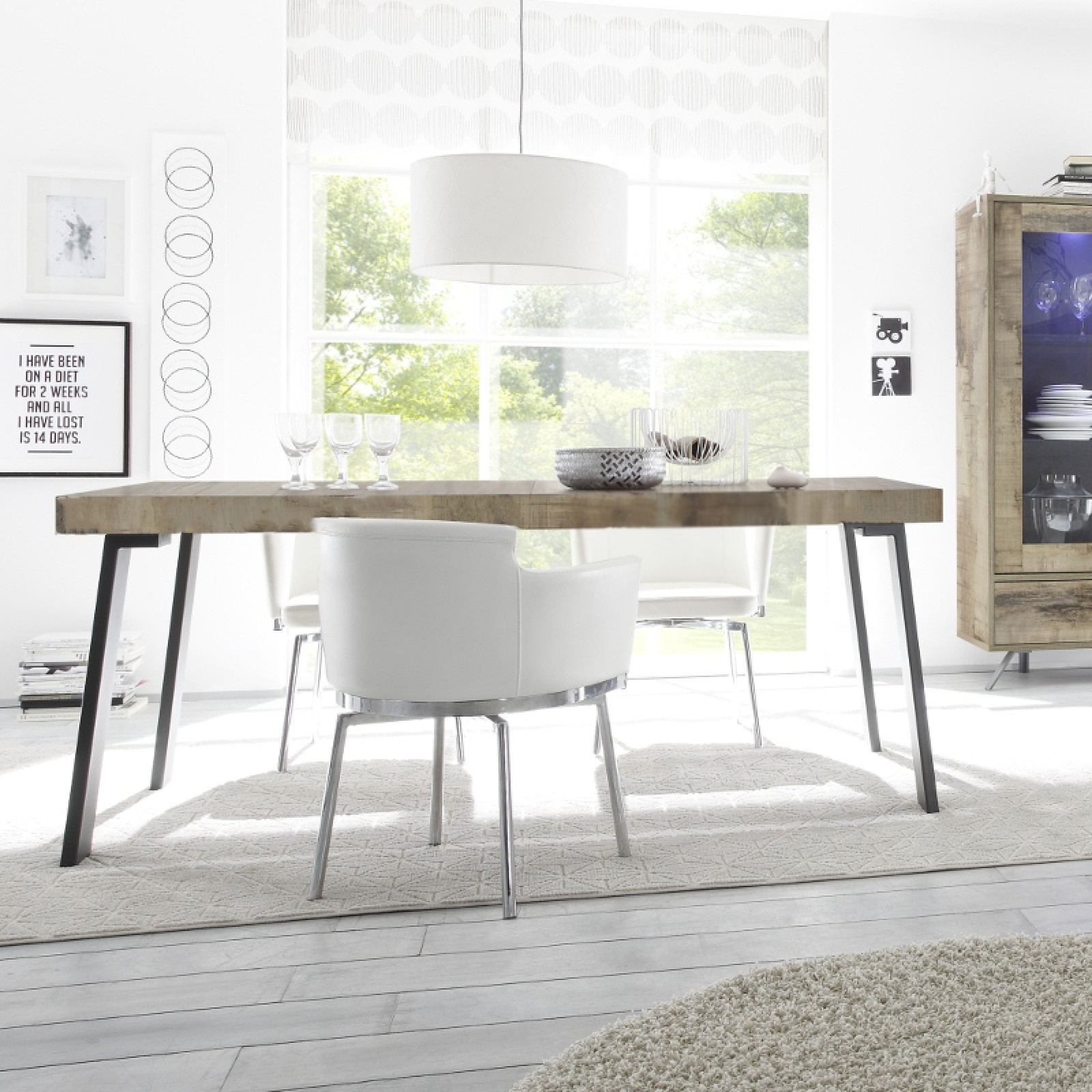 "Palma" dining table in Sherwood oak with iron legs