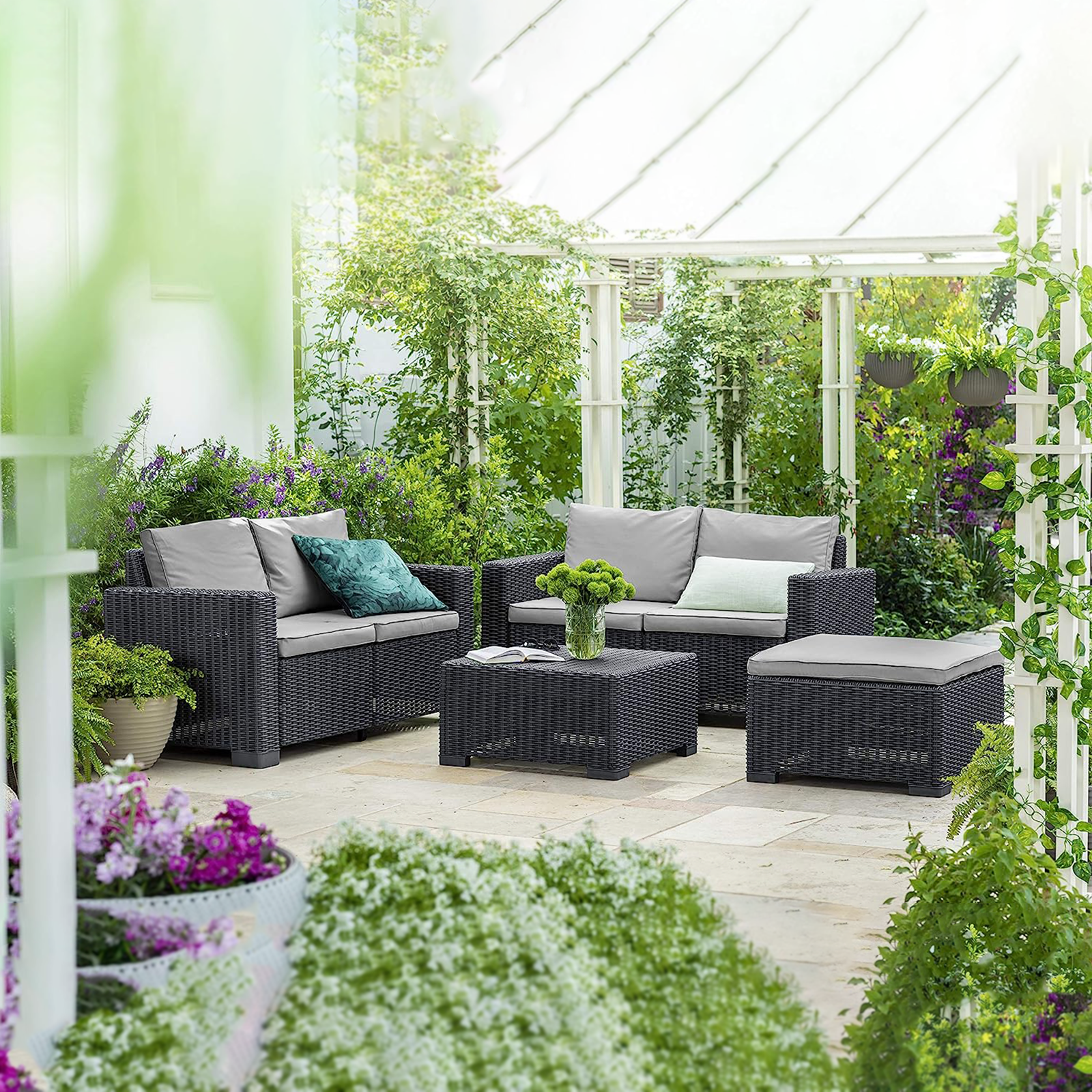 Divano 2 posti in resina "California" effetto rattan con cuscini cm 141x68 72h