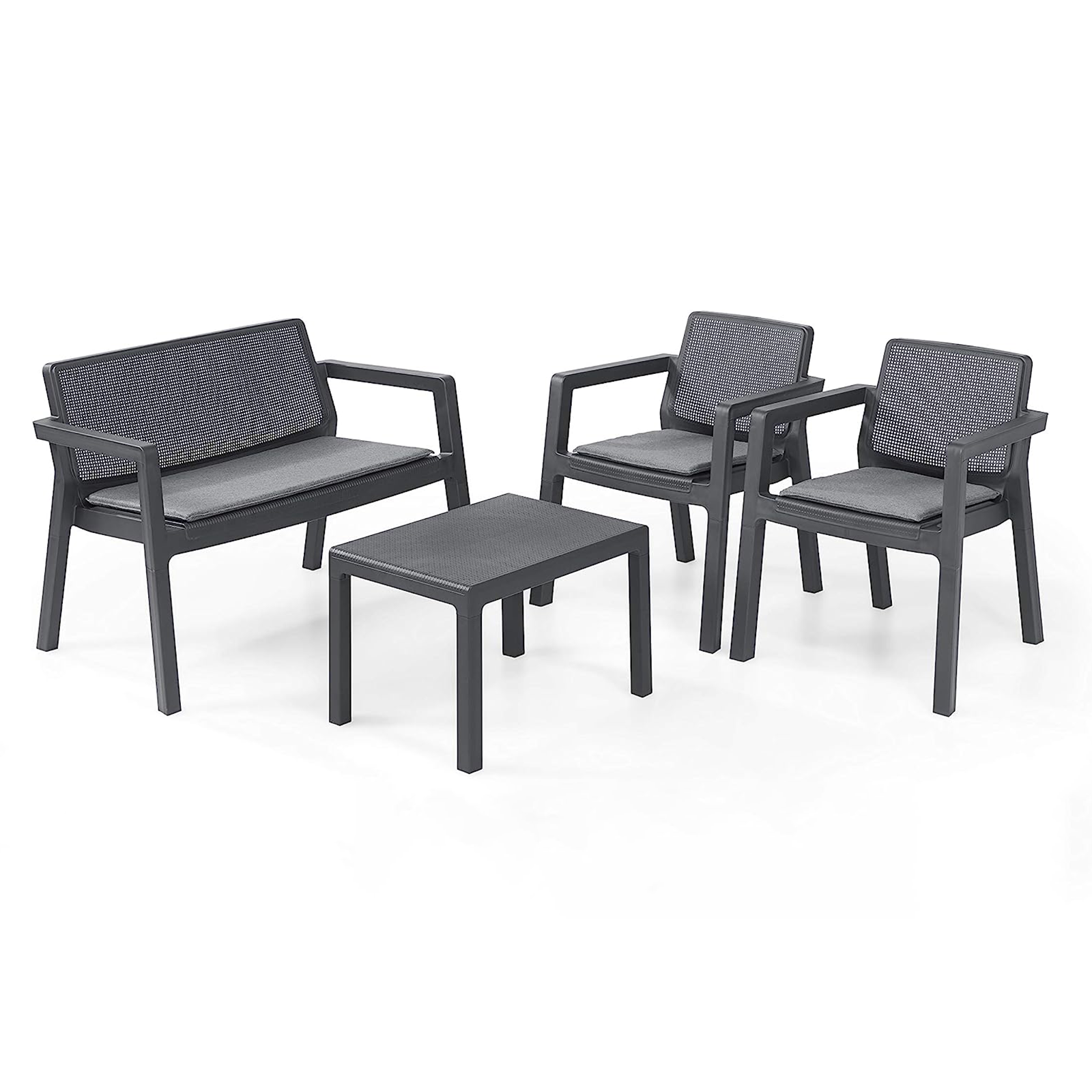 "Emily" graphite resin garden lounge set, sofa, 2 armchairs, coffee table with cushions