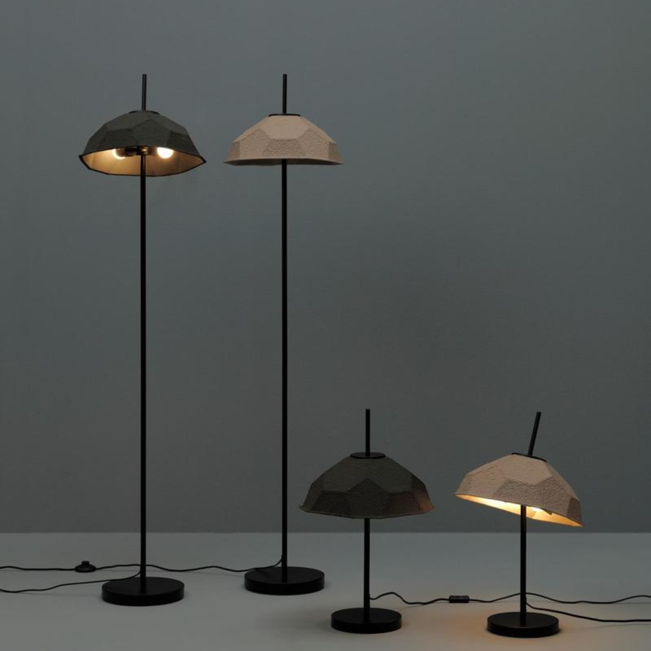 "Kande" metal lamp with recycled cardboard lampshade, floor, table and hanging.