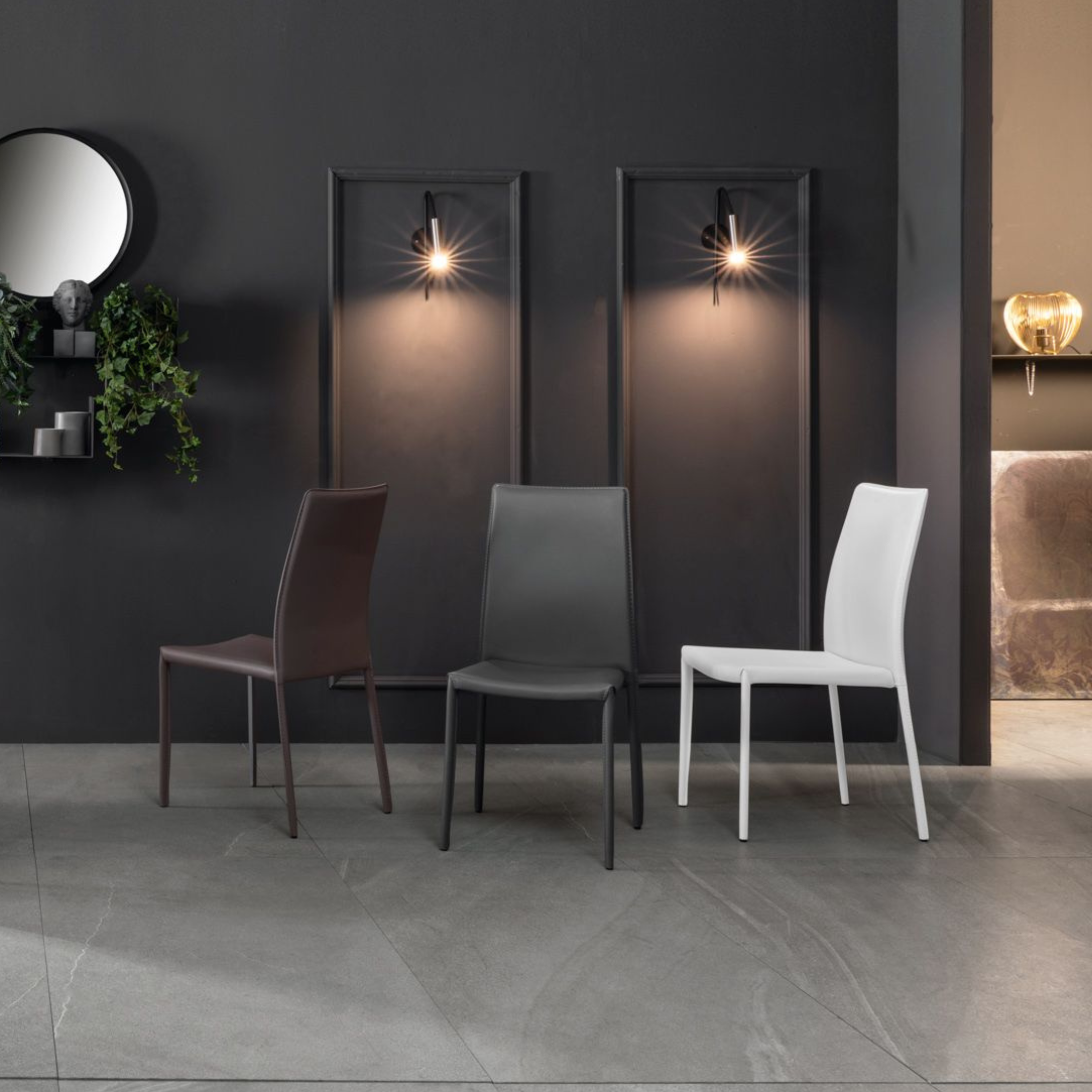 Set of vintage stackable "Fiordaliso" faux leather dining chairs, 41x42 cm, 95 cm high.