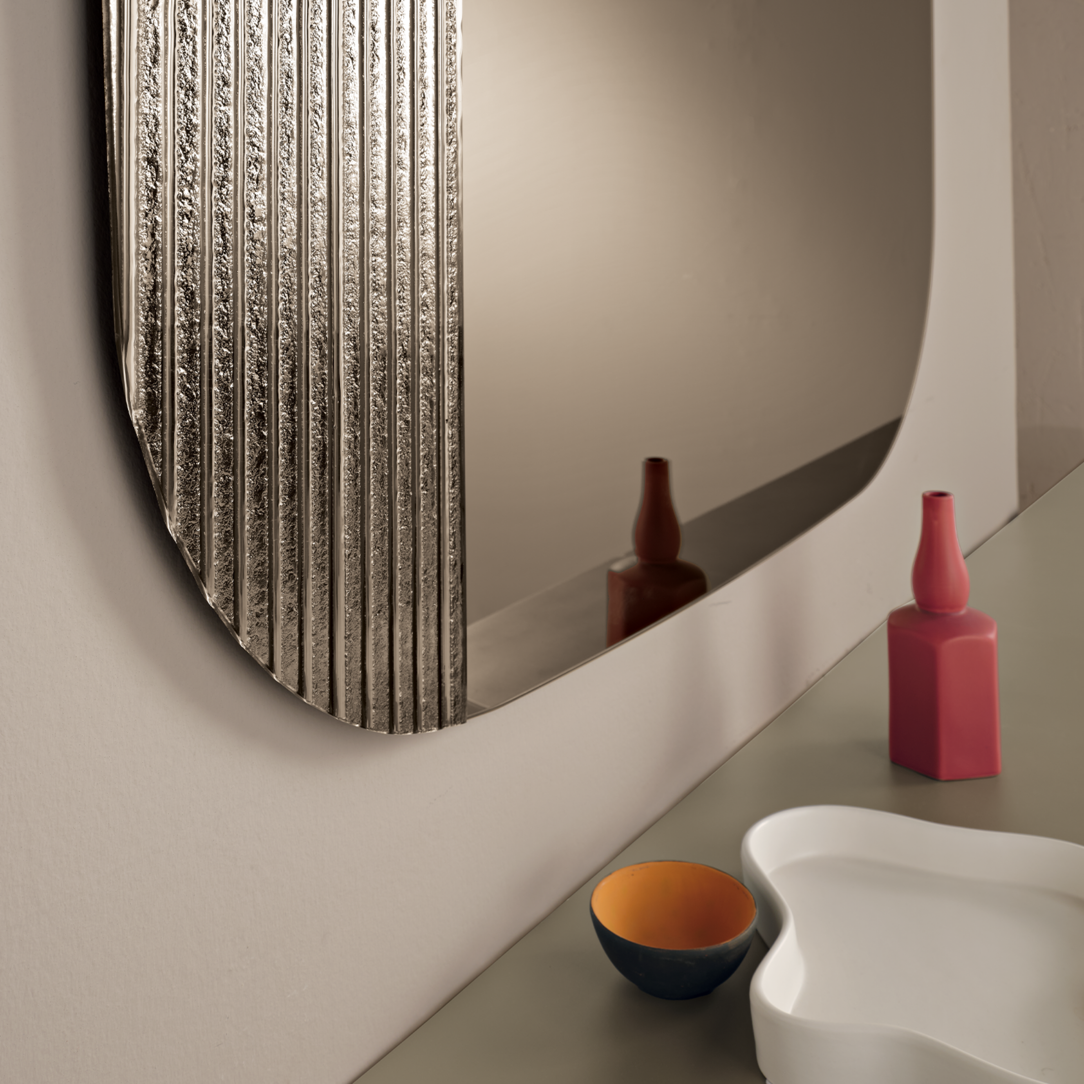 "Axis" modern shaped wall mirror with striped insert