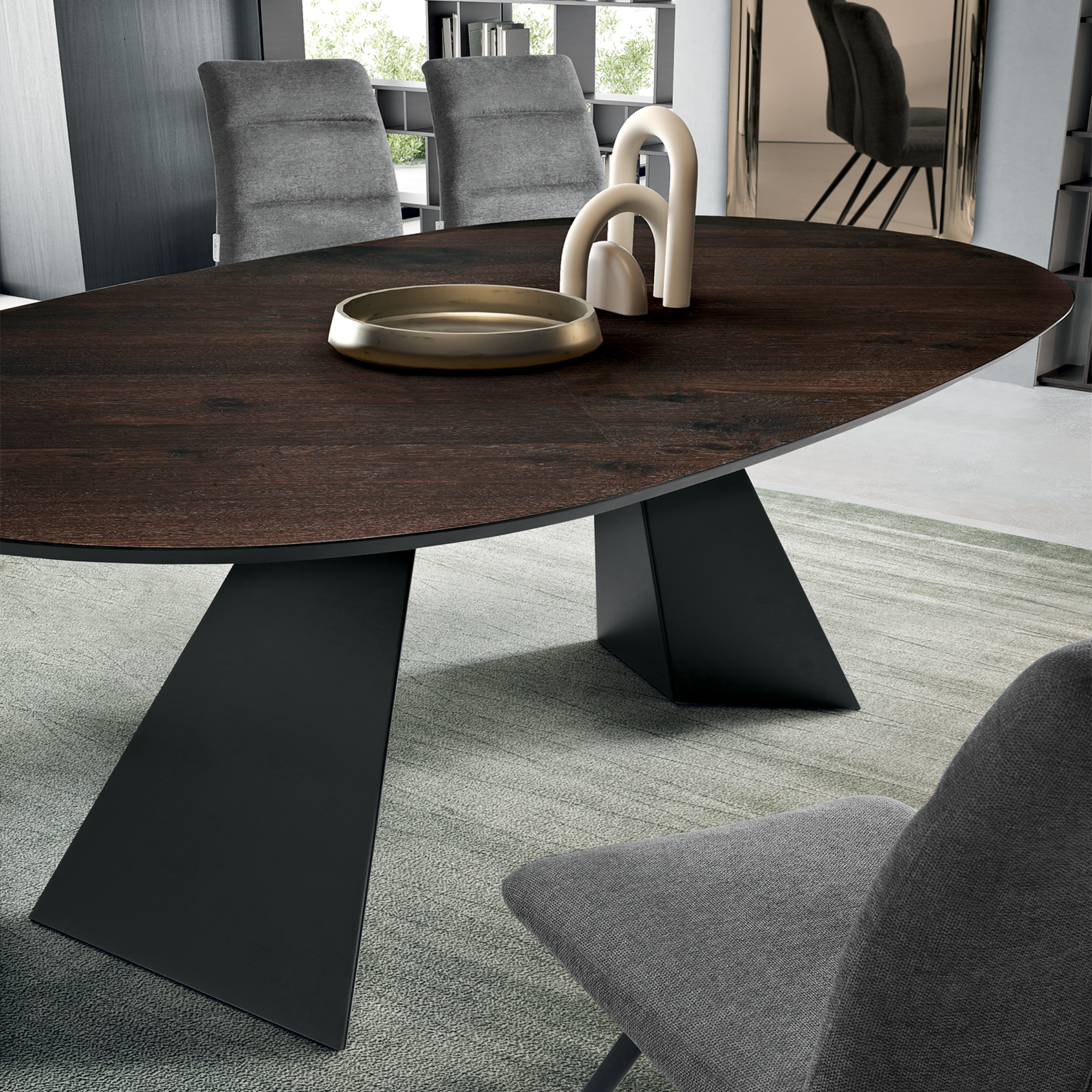 "Nargy" modern fixed dining table with metal base and oak top, 210x109 cm, 75 cm high