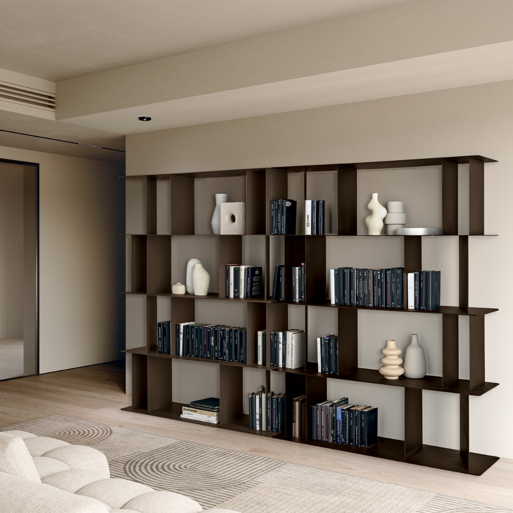 Versatile and modular three-shelf "Bert" metal bookcase, 130x40 cm, 85 cm high.