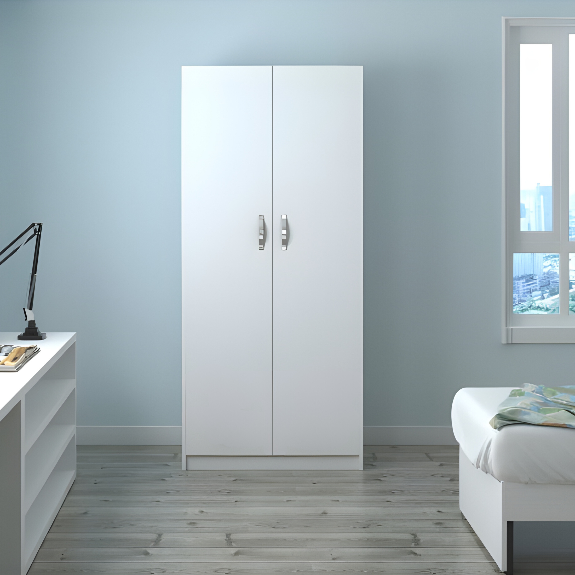 "Modern" white wooden wardrobe with 2 doors, coat rack and 2 shelves, 91x52 cm, 210 cm high