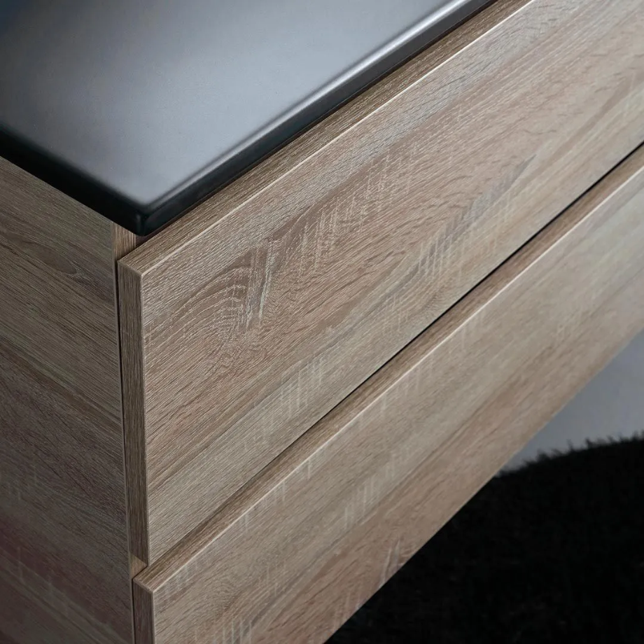 "Berlino60" oak-colored wall-hung bathroom cabinet with 2 drawers, black sink, and mirror