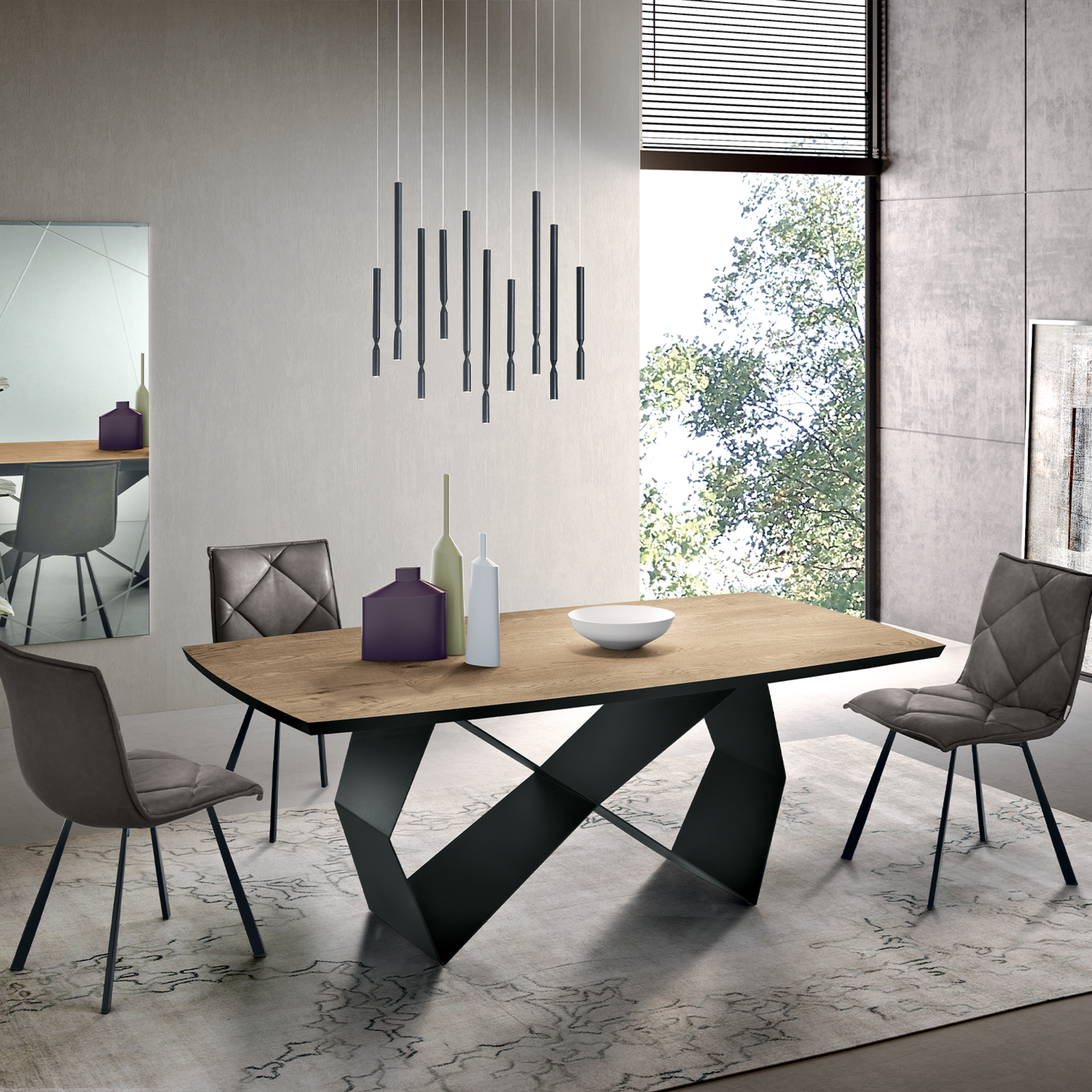 Fixed dining table "Reina" with metal base and oak top 200x100 cm 75h
