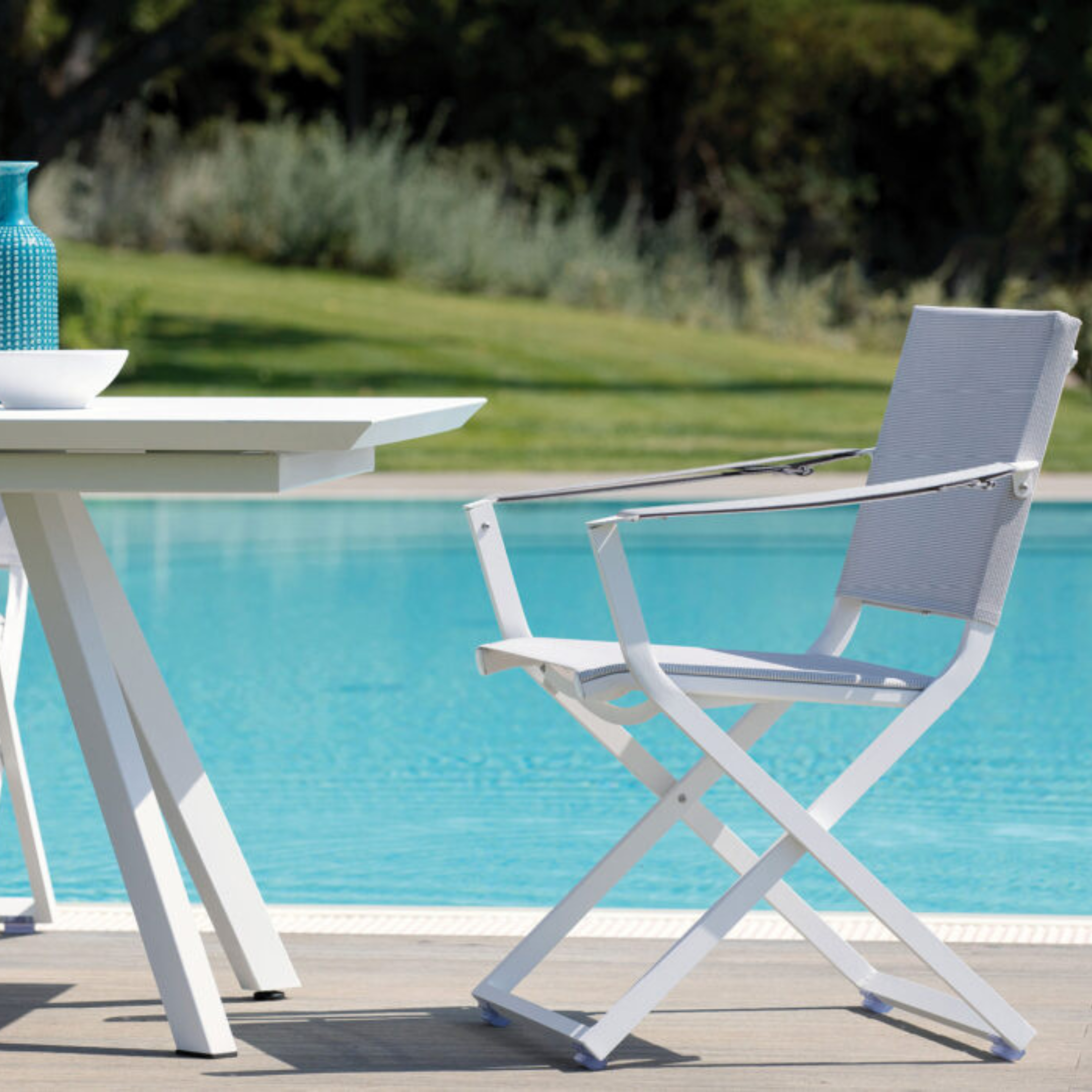 Set of "Fellini" folding garden chairs with fabric backrest and seat