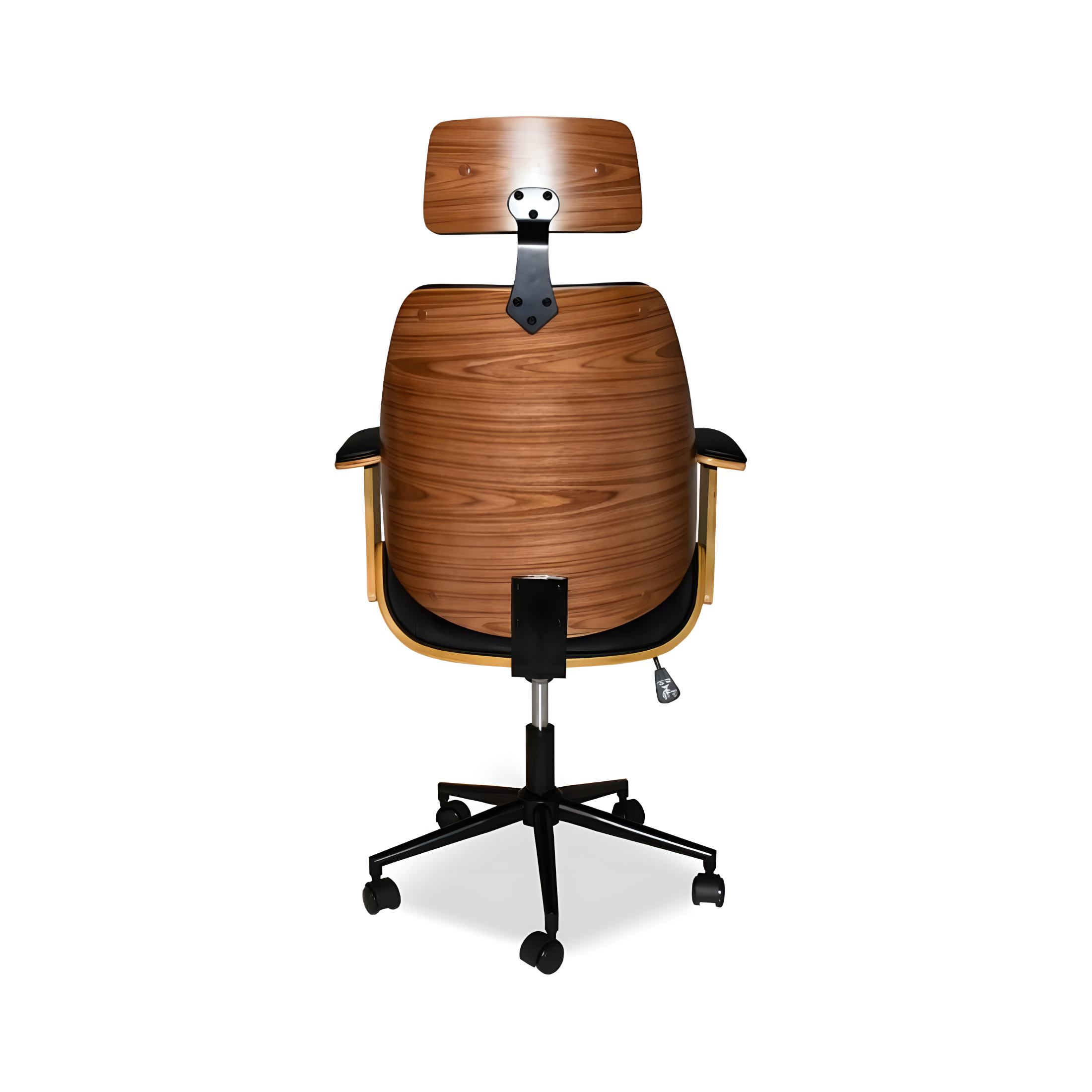 "James" swivel office chair in black leather with wood-effect frame and armrests, 66x50 cm, 118 cm high.
