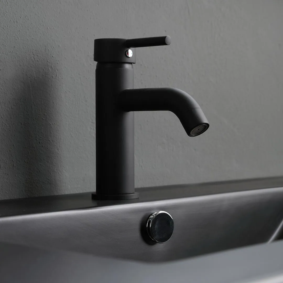 "Berlino60" oak-colored wall-hung bathroom cabinet with 2 drawers, black sink, and mirror