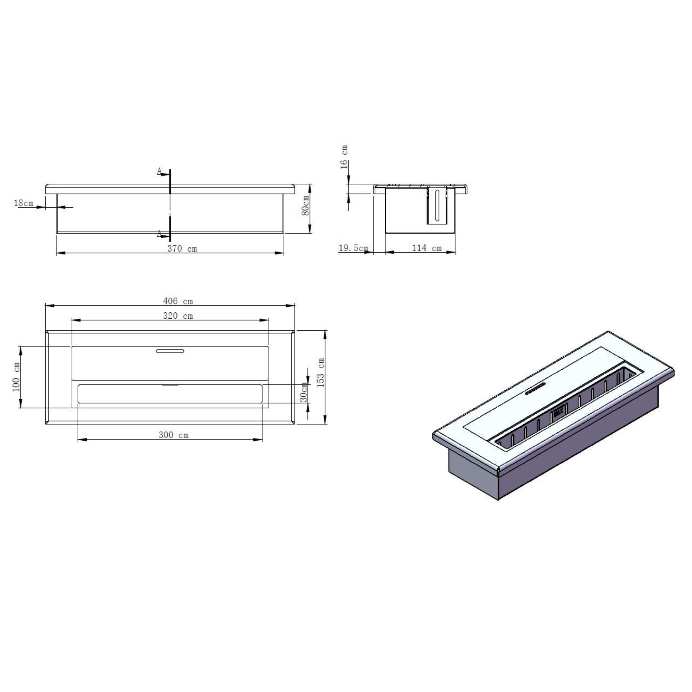 "Galway" built-in bioethanol fireplace in satin-finished steel, 40x15 cm, 8h
