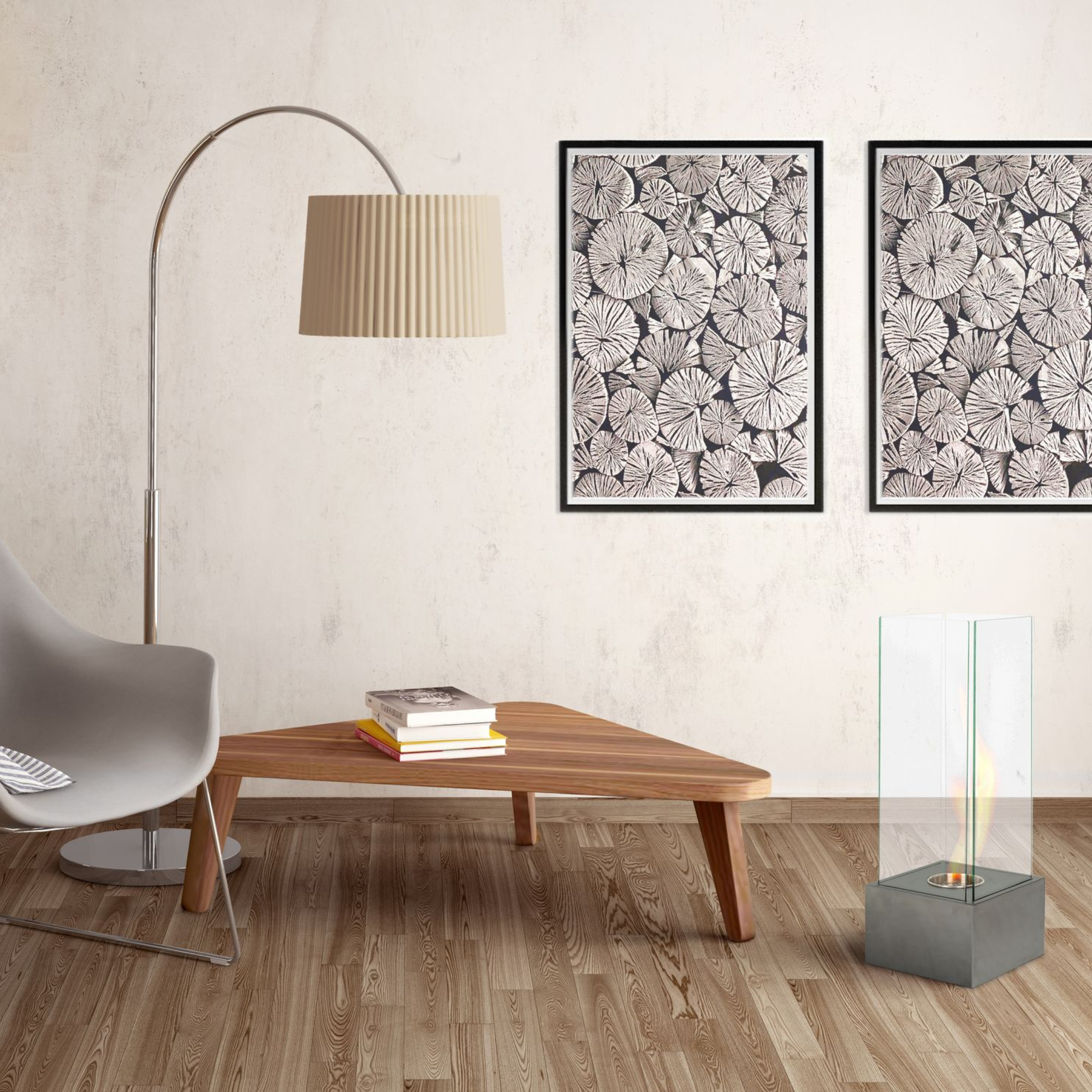 "Lisa" floor-standing bioethanol fireplace in tempered glass, 25x25 cm, 65 cm high.