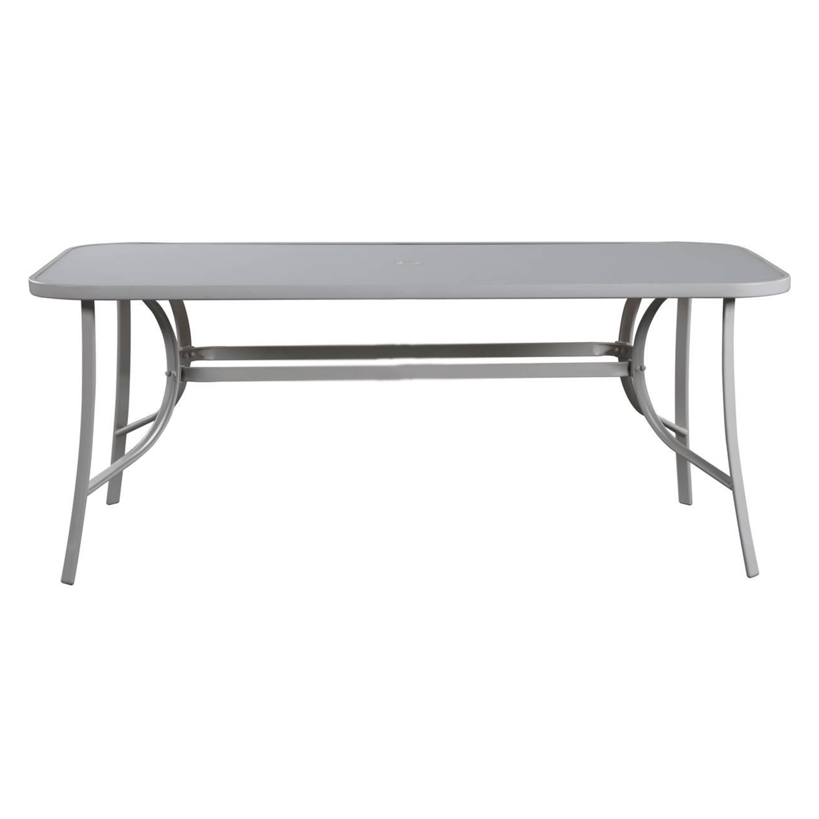 "Giove" metal dining table with tempered glass top and umbrella holder for the garden