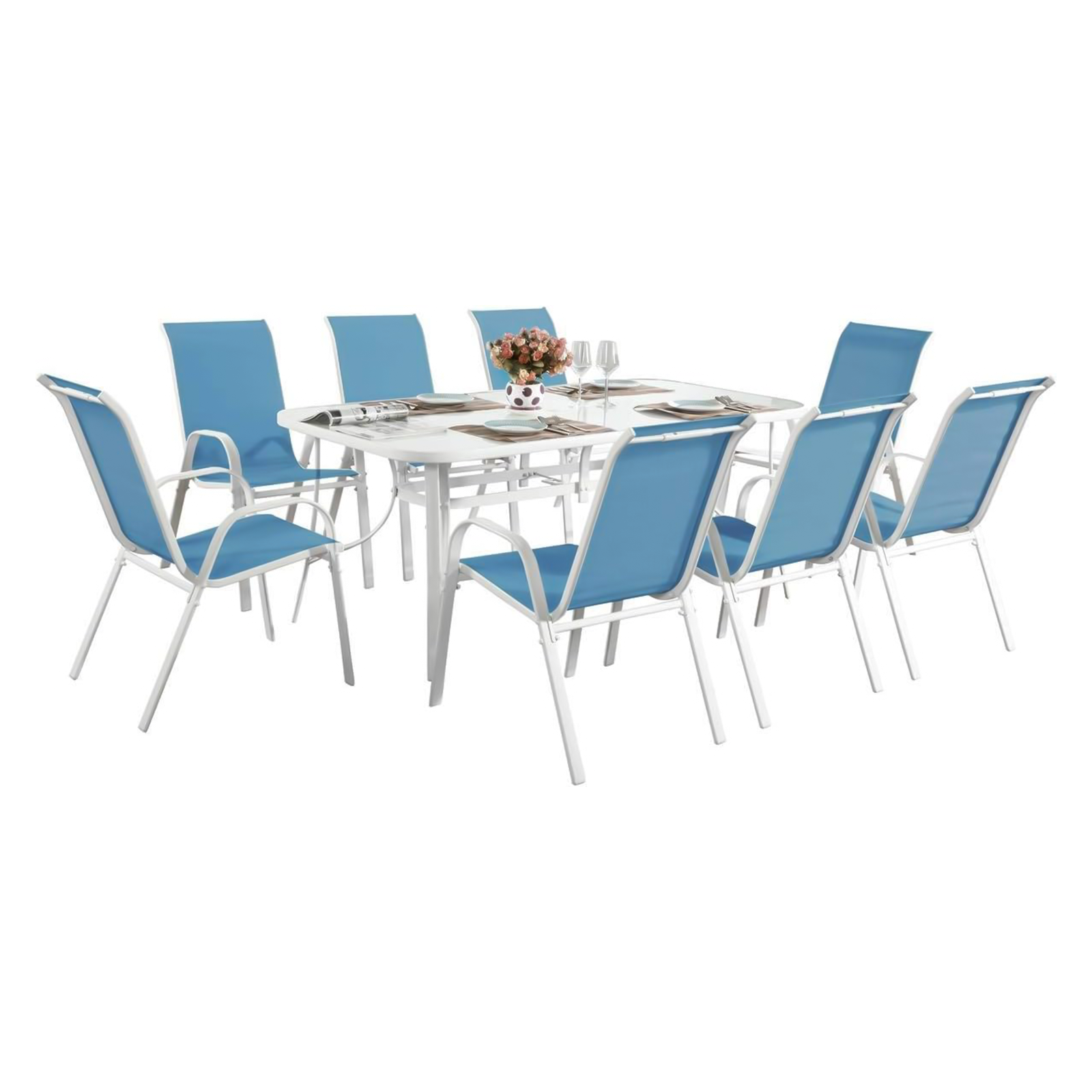 "Giove" metal dining table with tempered glass top and umbrella holder for the garden