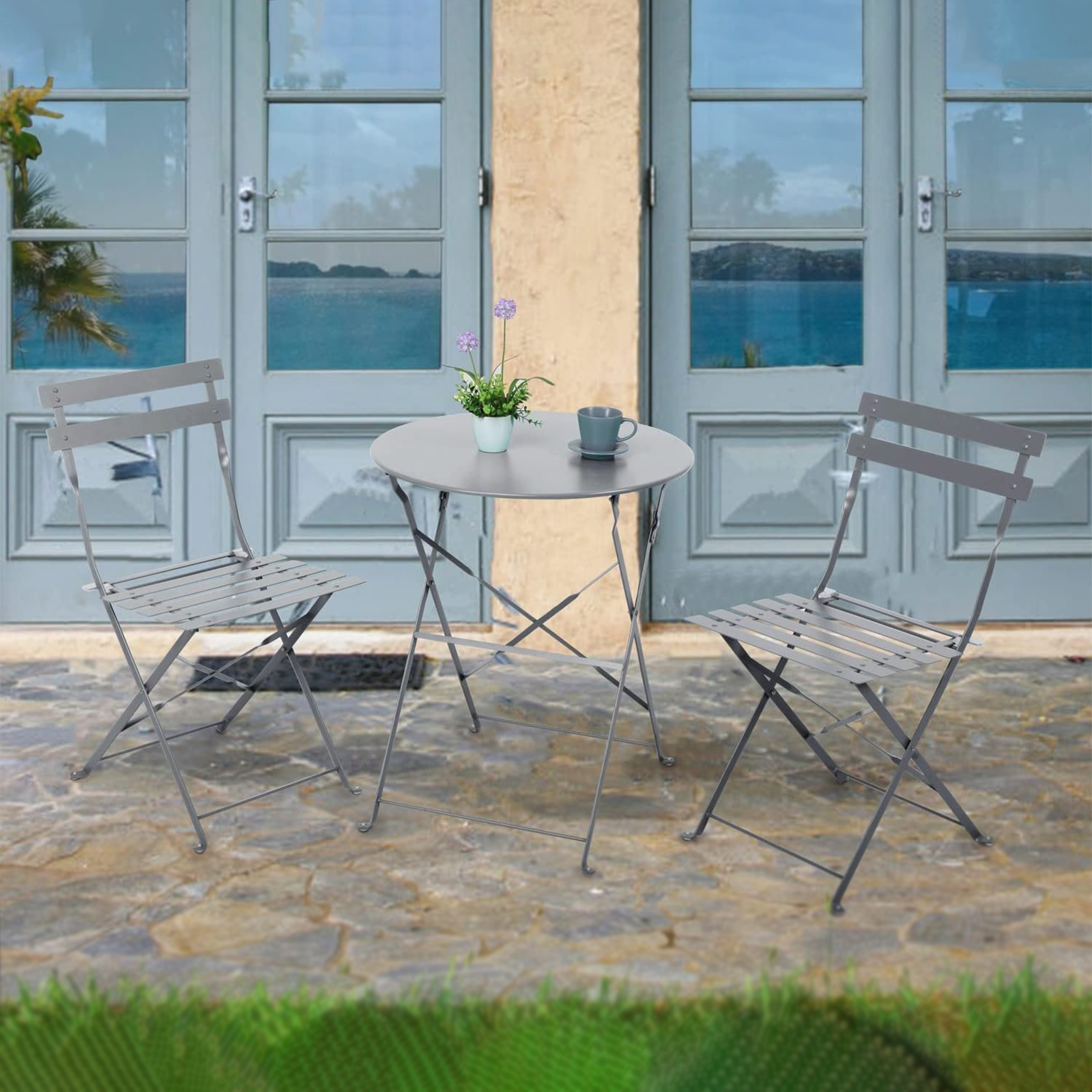 "Giotto" steel dining set with 2 chairs and a folding round table