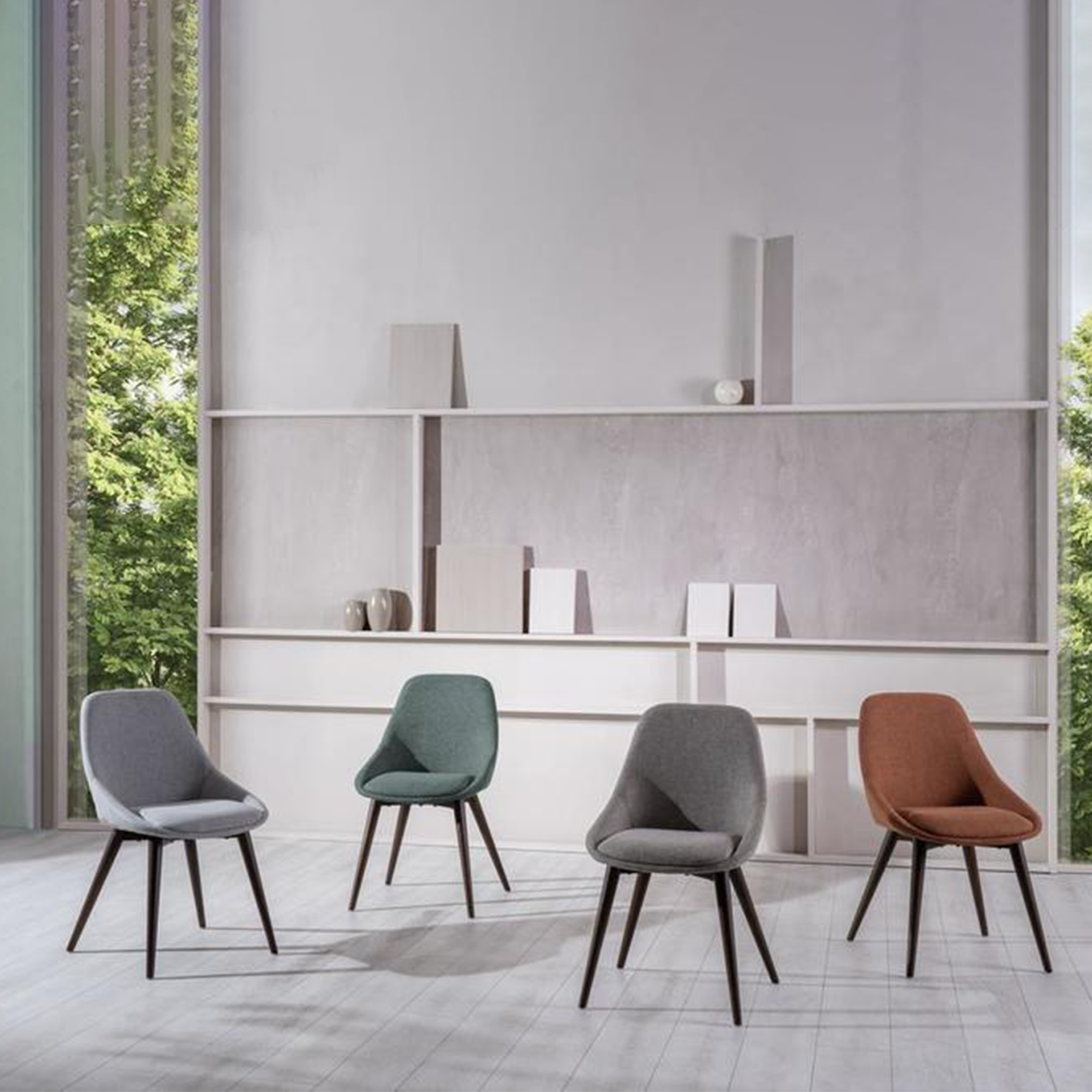 Set of modern dining chairs in "Zaira" fabric with wooden frame, 49x58 cm, 85 cm high