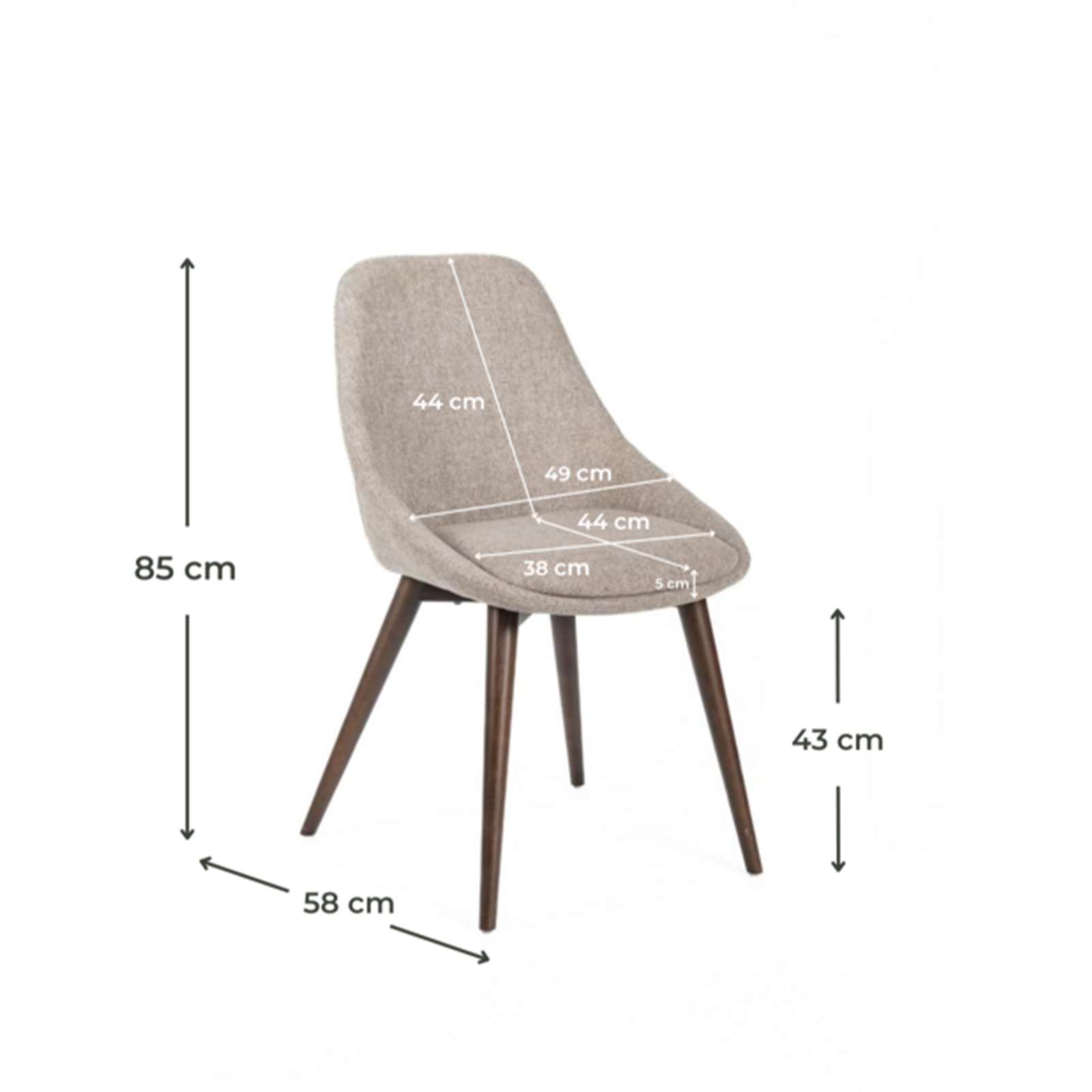 Set of modern dining chairs in "Zaira" fabric with wooden frame, 49x58 cm, 85 cm high