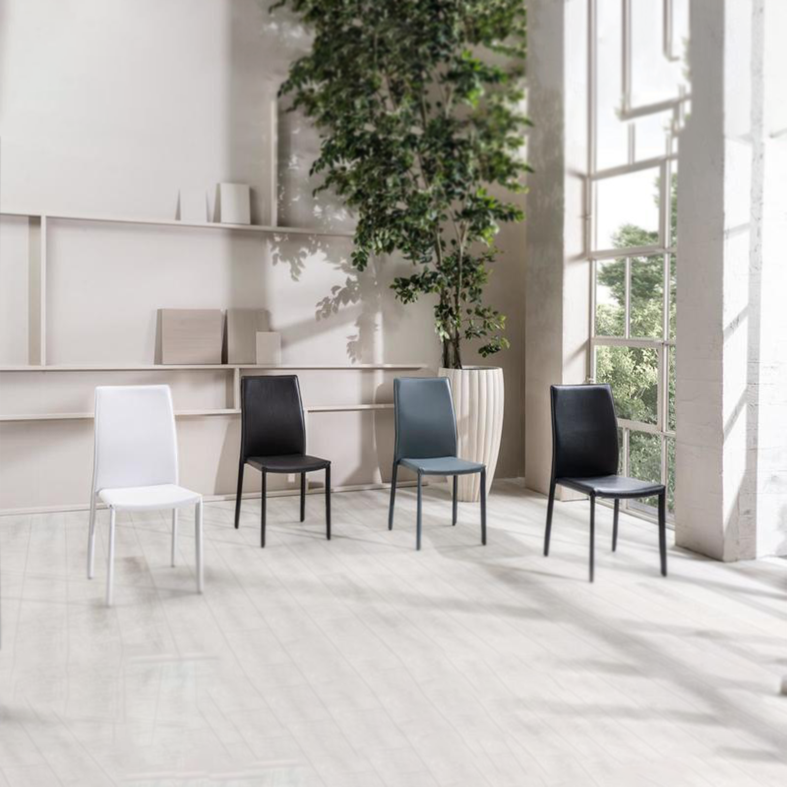 Set of vintage stackable "Fiordaliso" faux leather dining chairs, 41x42 cm, 95 cm high.