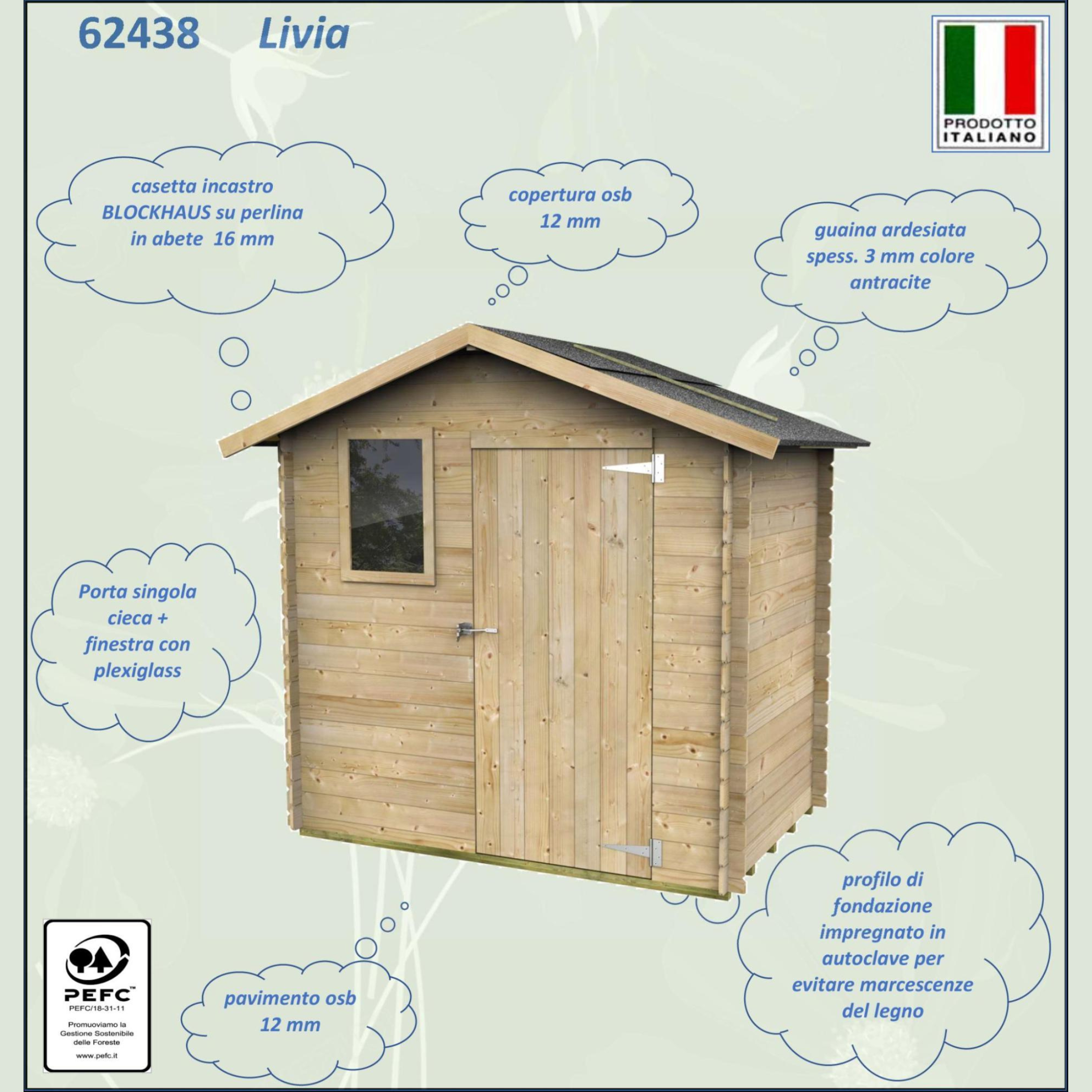"Kreta" wooden garden house with single blind door and window, 198x130 cm, 205 cm high