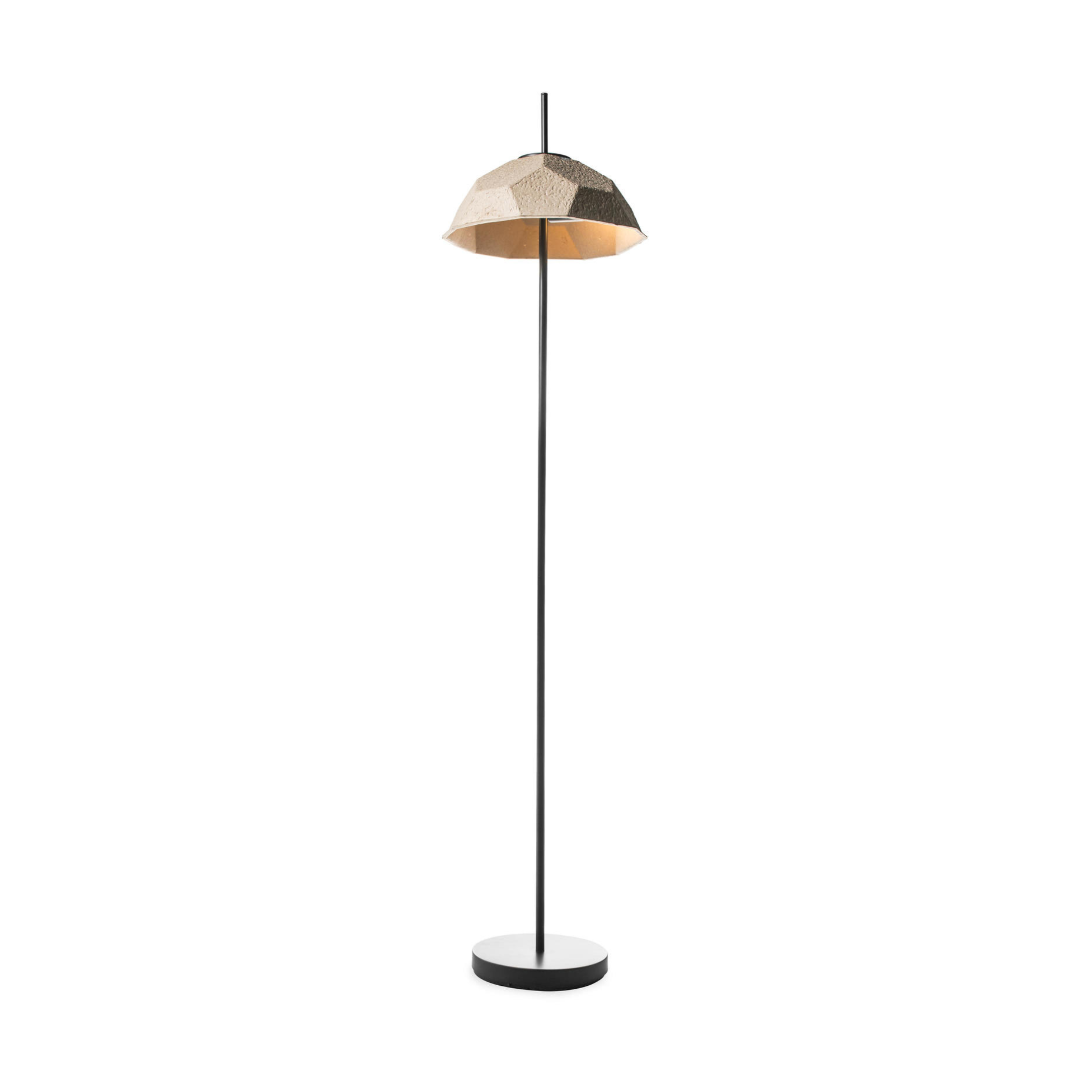 "Kande" metal lamp with recycled cardboard lampshade, floor, table and hanging.