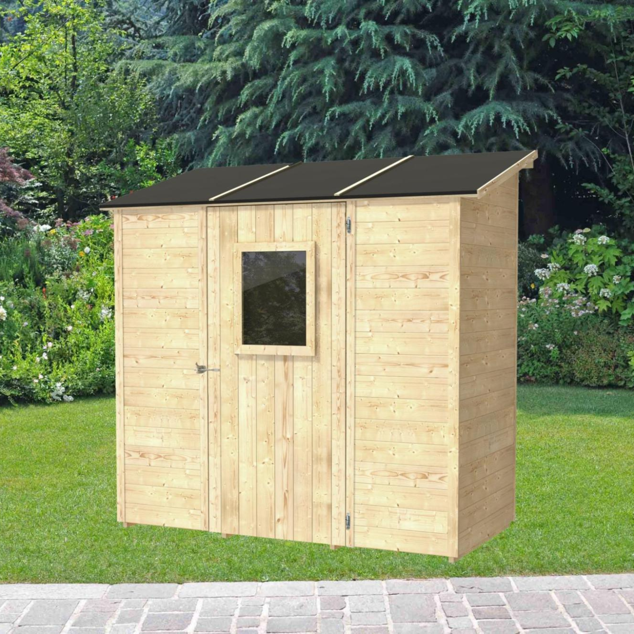 "Vaniglia Addossata" wooden garden house with single door and window, 207x102 cm, 222 cm high