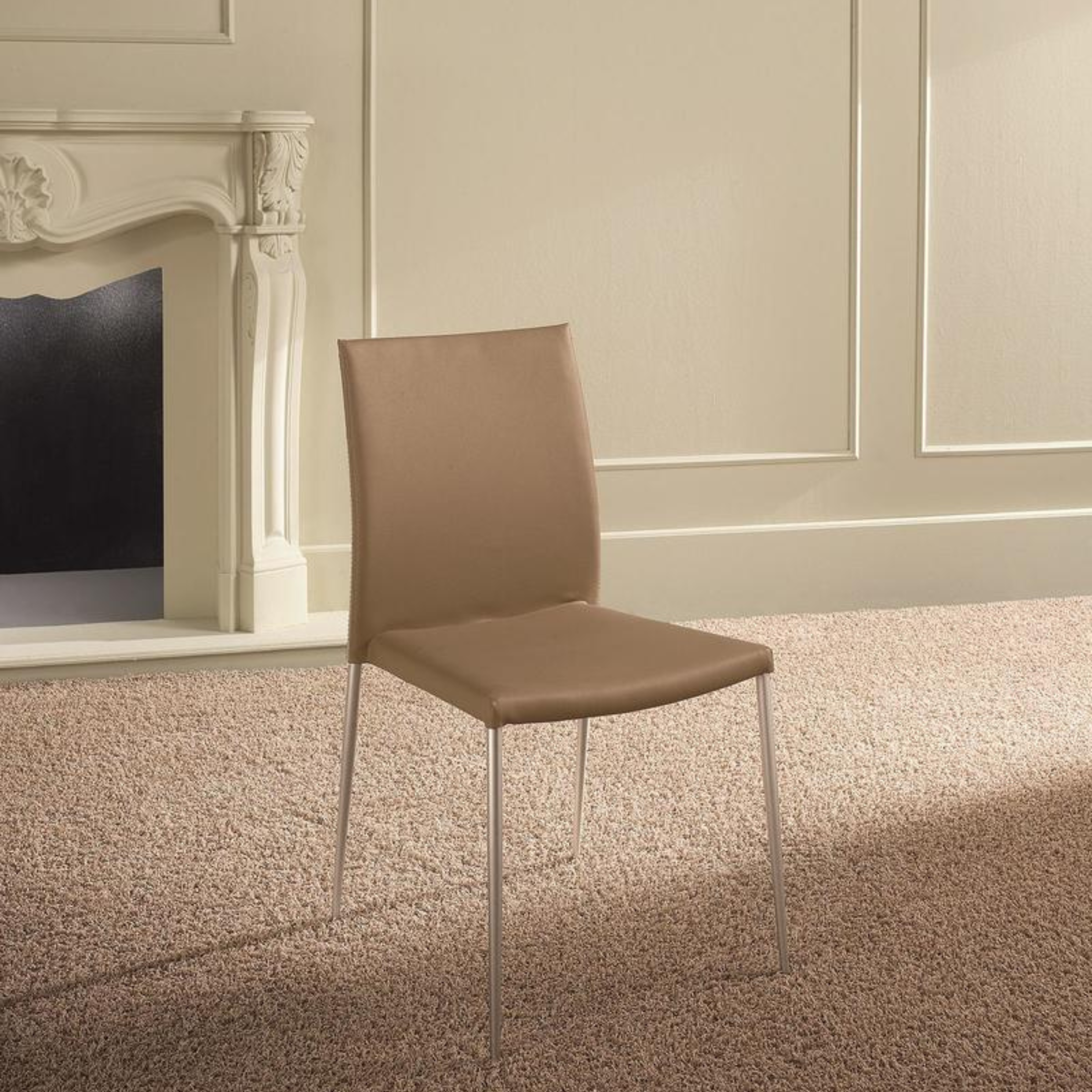 Set of stackable "Camelia" faux leather upholstered dining chairs with painted metal legs