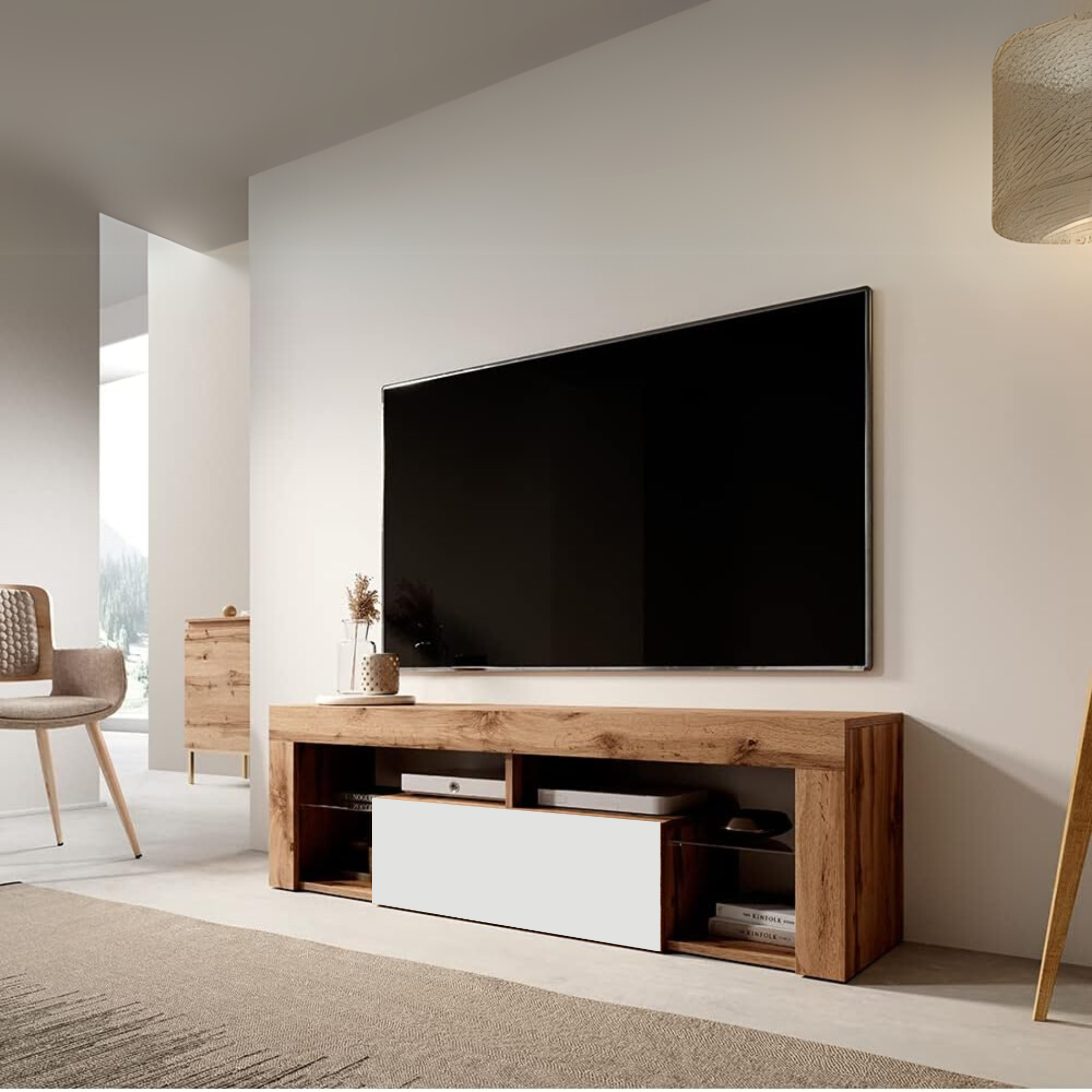 "Hugo" TV stand in oak and white wood, 140x35 cm, 50 cm high