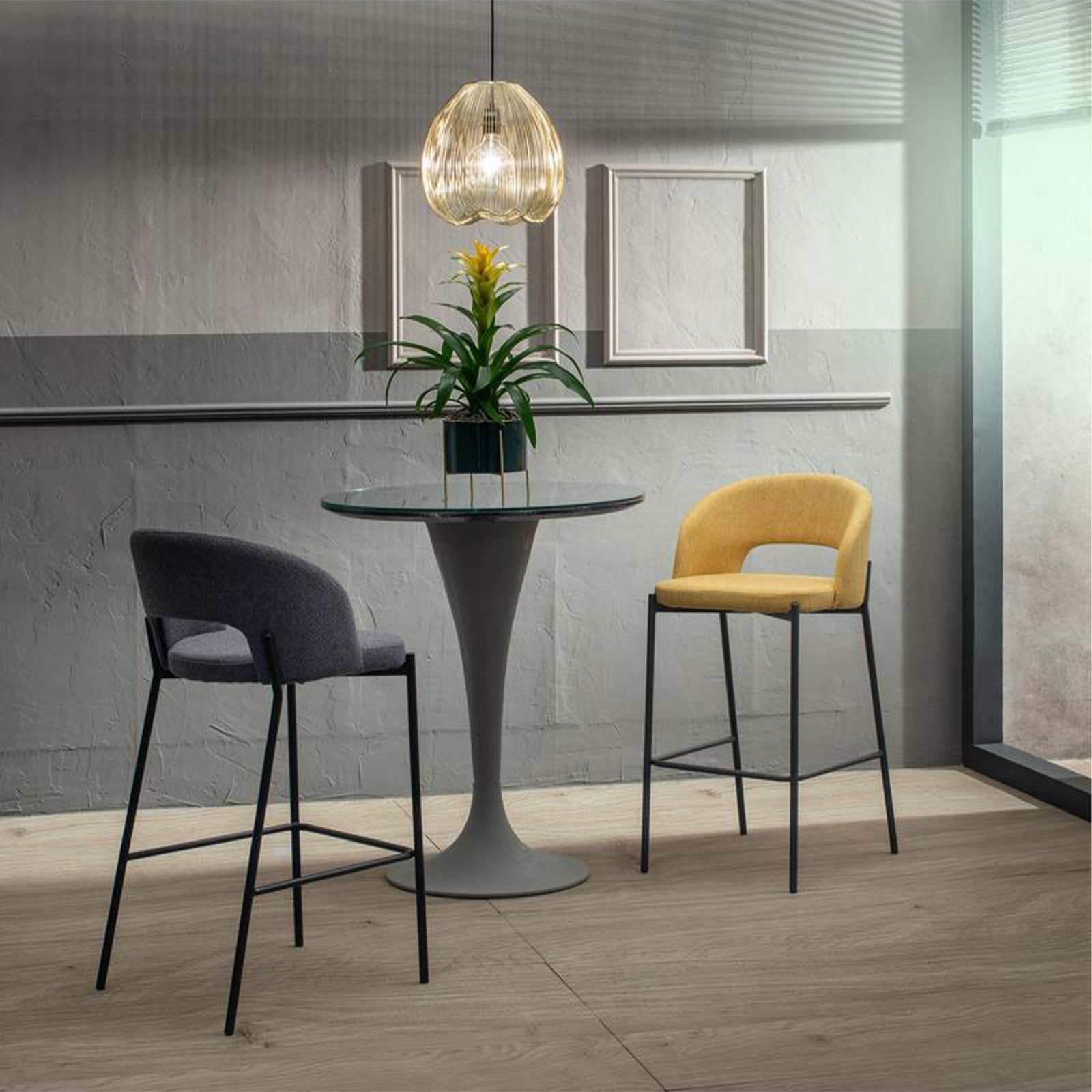 Set of "Alan" high stools in padded fabric with footrest cm 52x50 98h