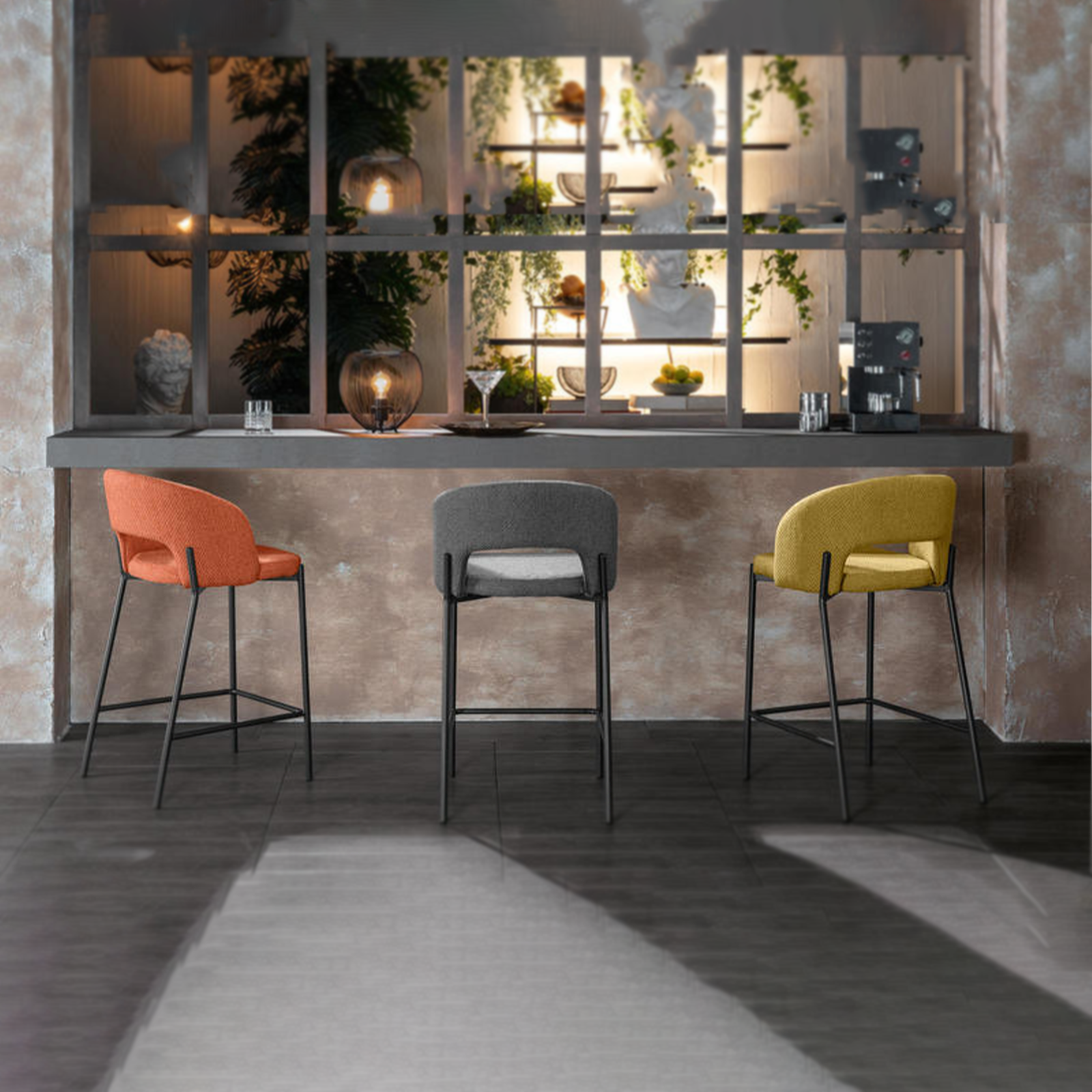 Set of "Alan" high stools in padded fabric with footrest cm 52x50 98h