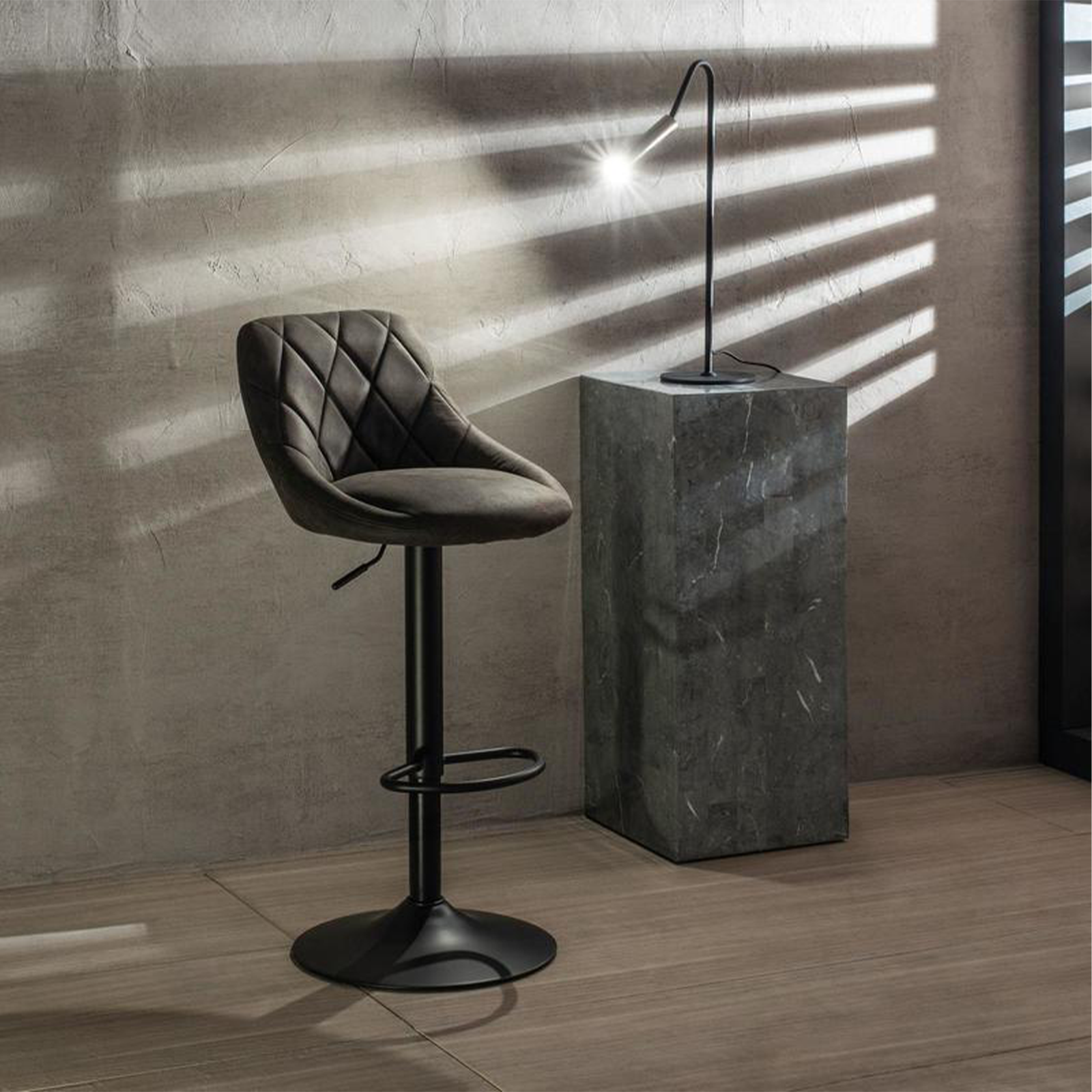 Set of modern high stools "Tema" in padded fabric with footrest cm 50x45 84h