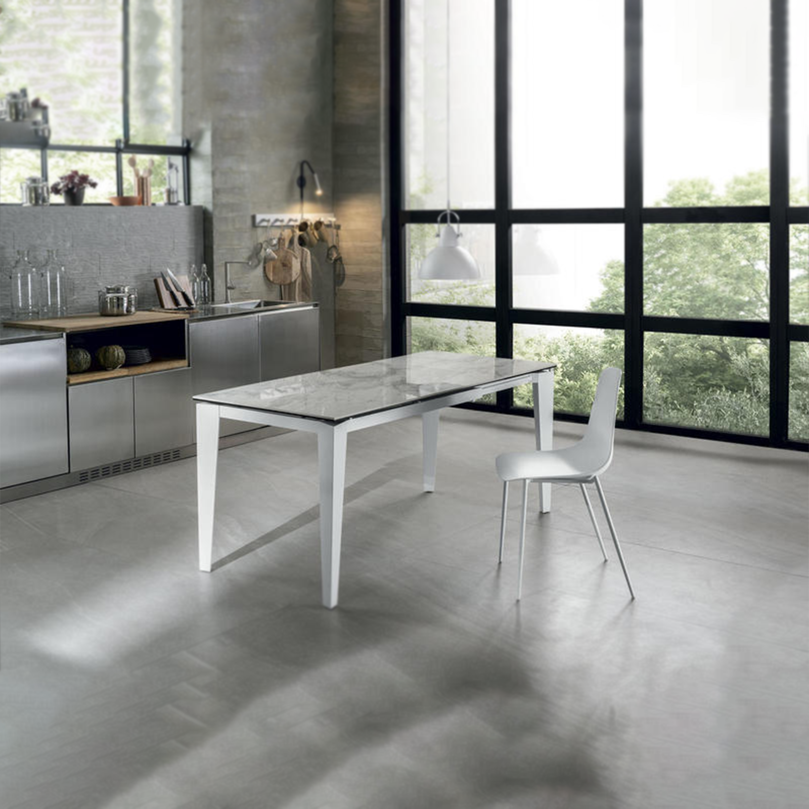 Modern extendable "Fast" table with ceramic top on tempered glass