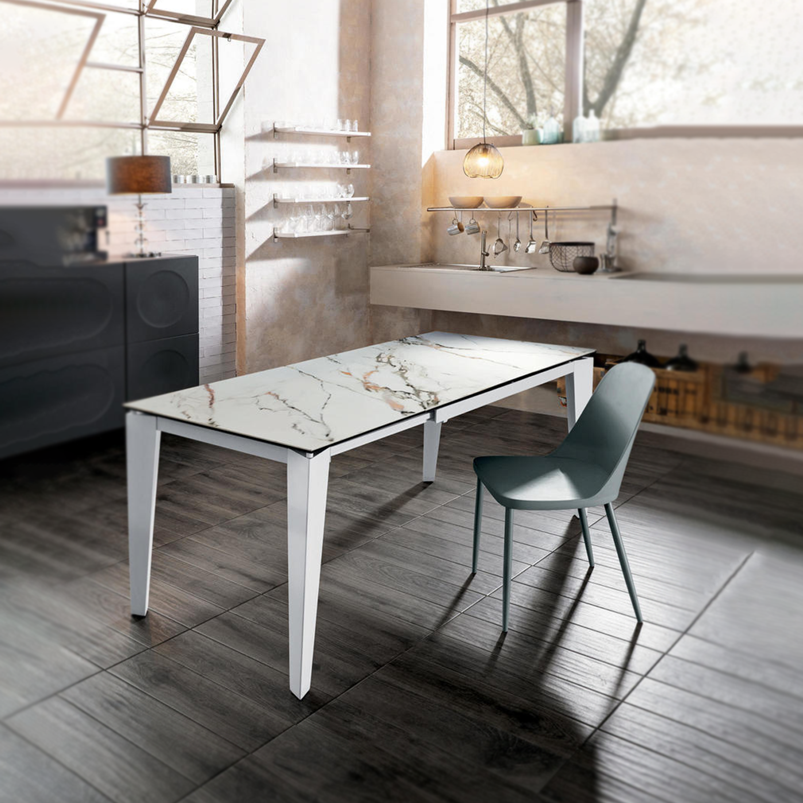 Modern extendable "Fast" table with ceramic top on tempered glass
