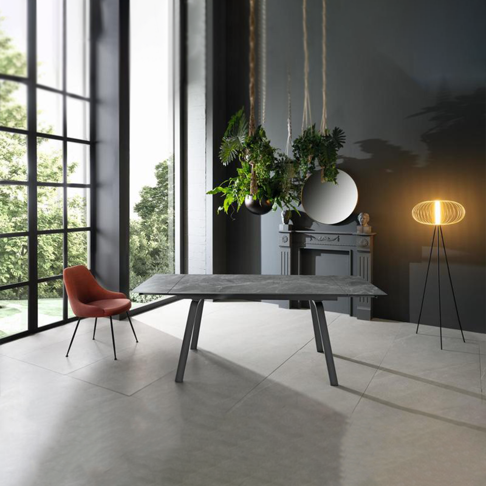 Extendable "Zante" table with marble-effect stone top, 200x80 cm, 76 cm high