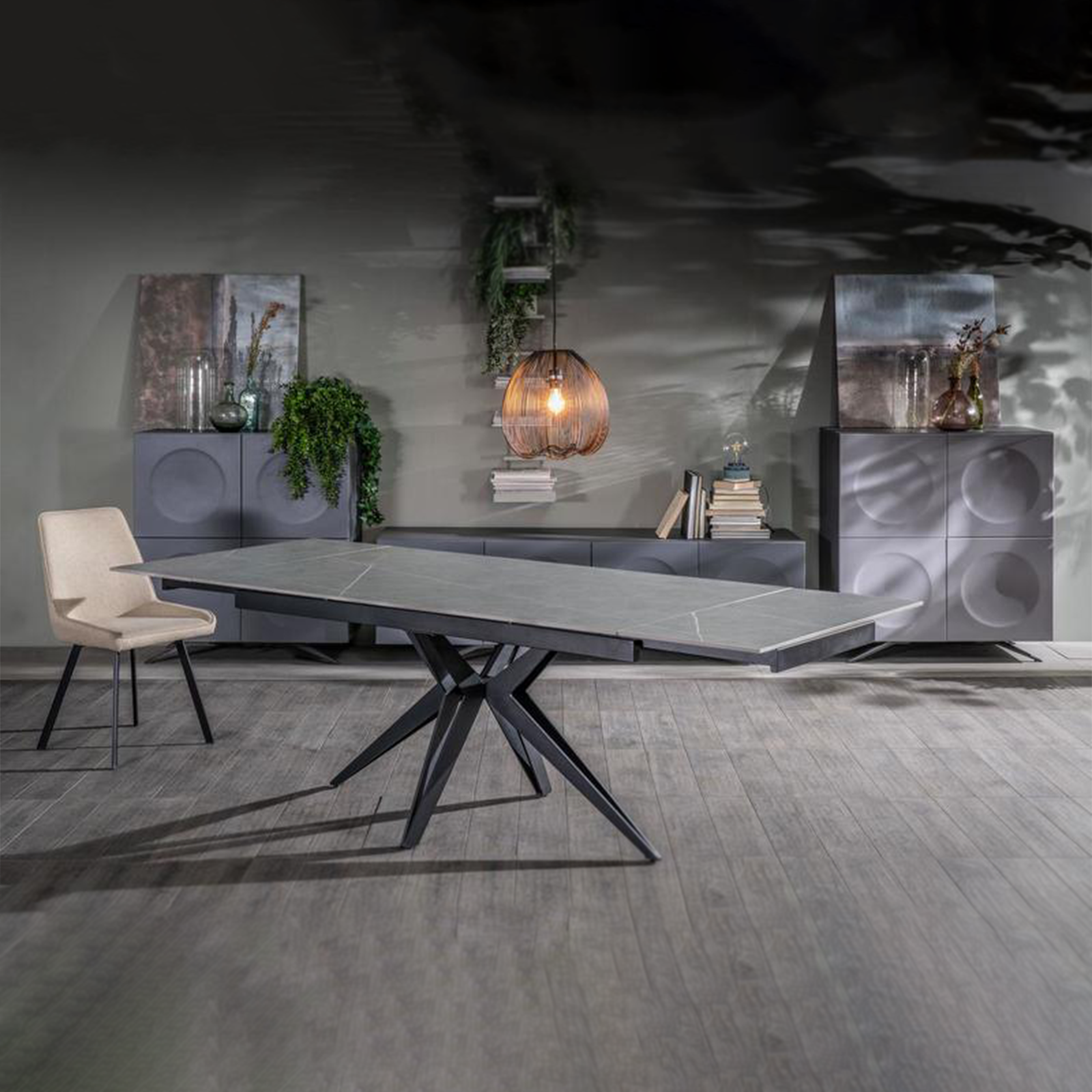 Amber extendable modern living room table with marble-effect ceramic top