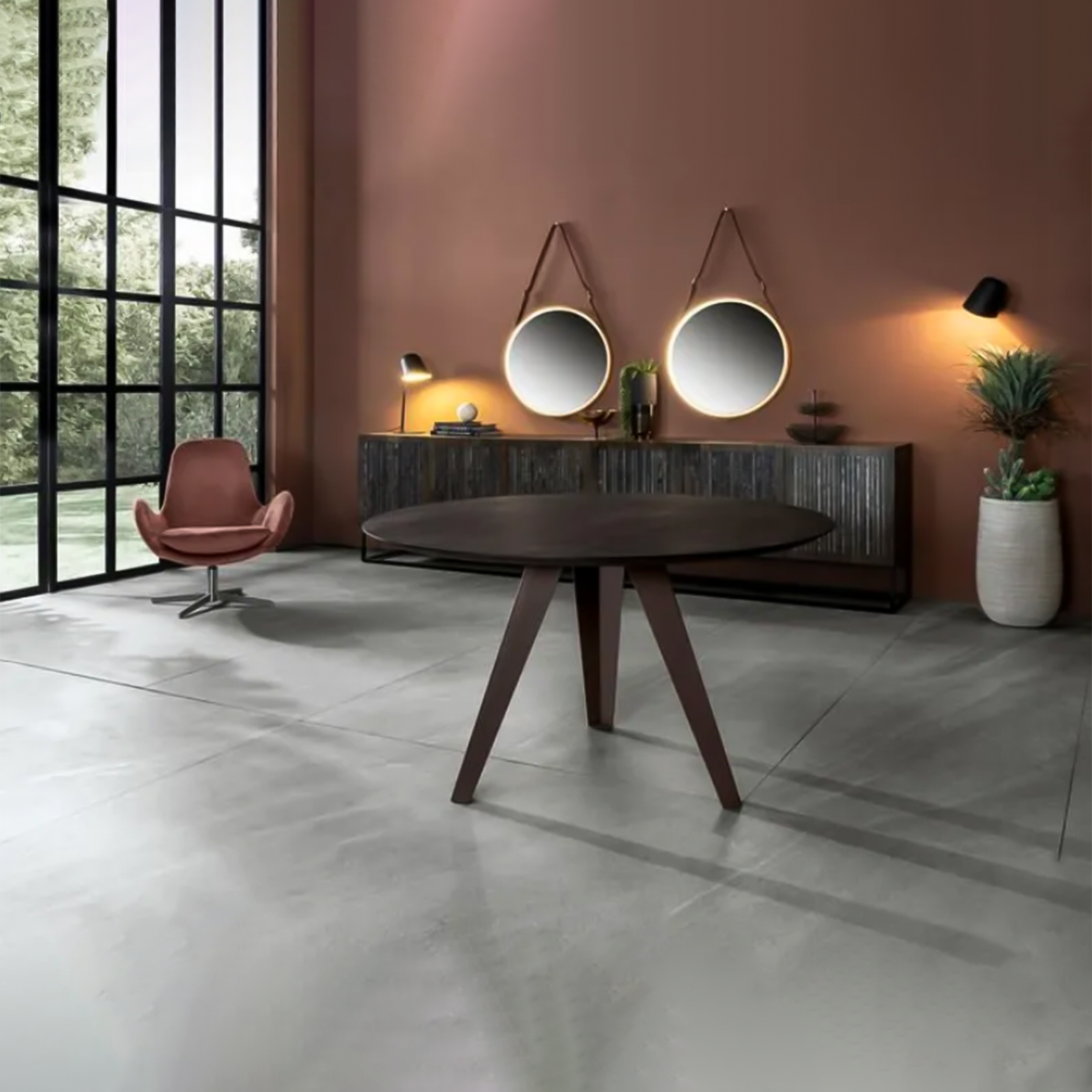 "Dorian" round wooden table with metal legs, 130x130 cm, 76 cm high.