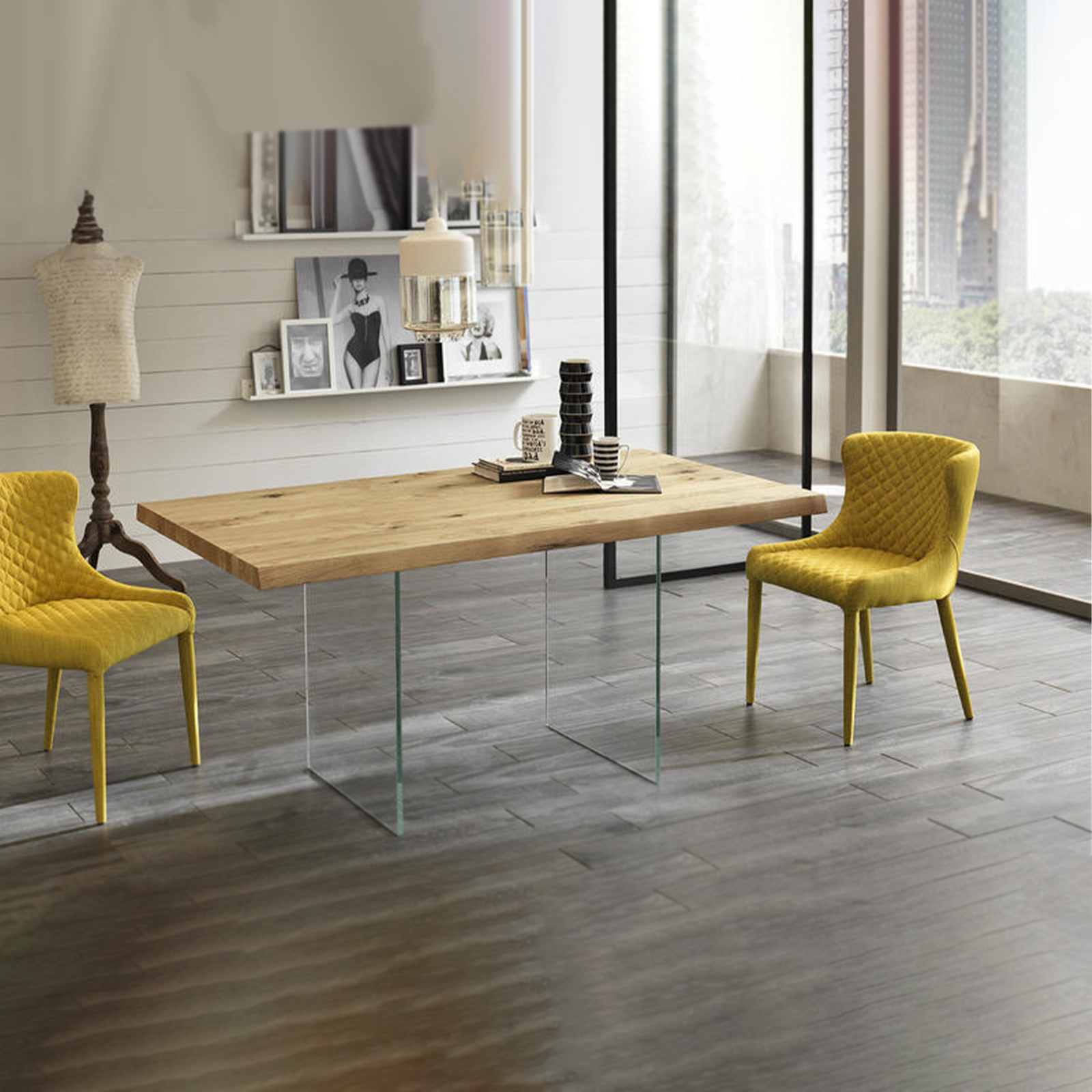 Fixed table "Fabien" wooden top glass legs 200x100 cm 76h