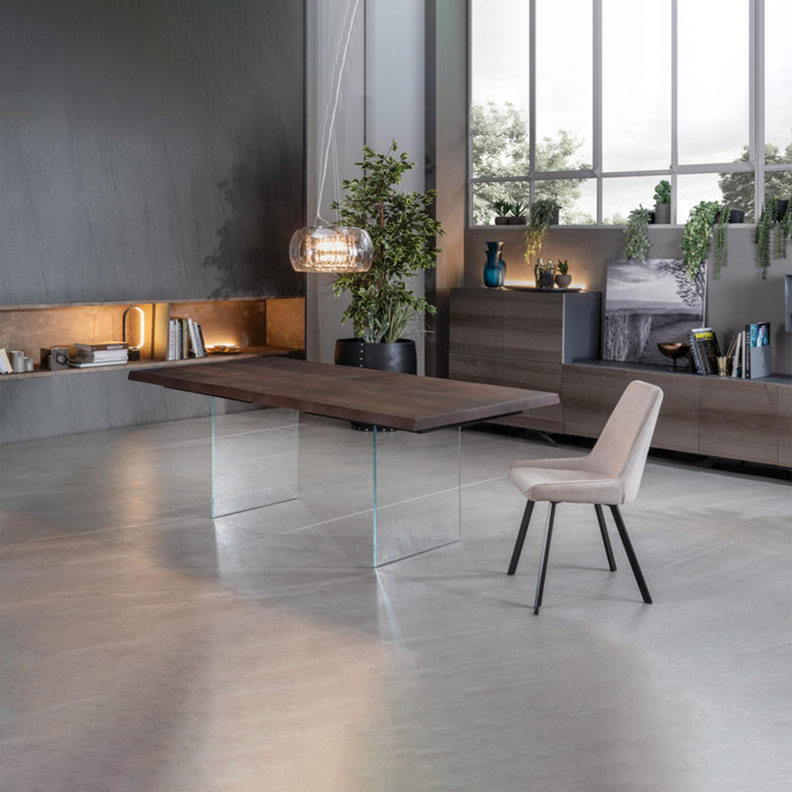 Extendable table "Fabien" wooden top tempered glass legs 200/300x100 cm 76h