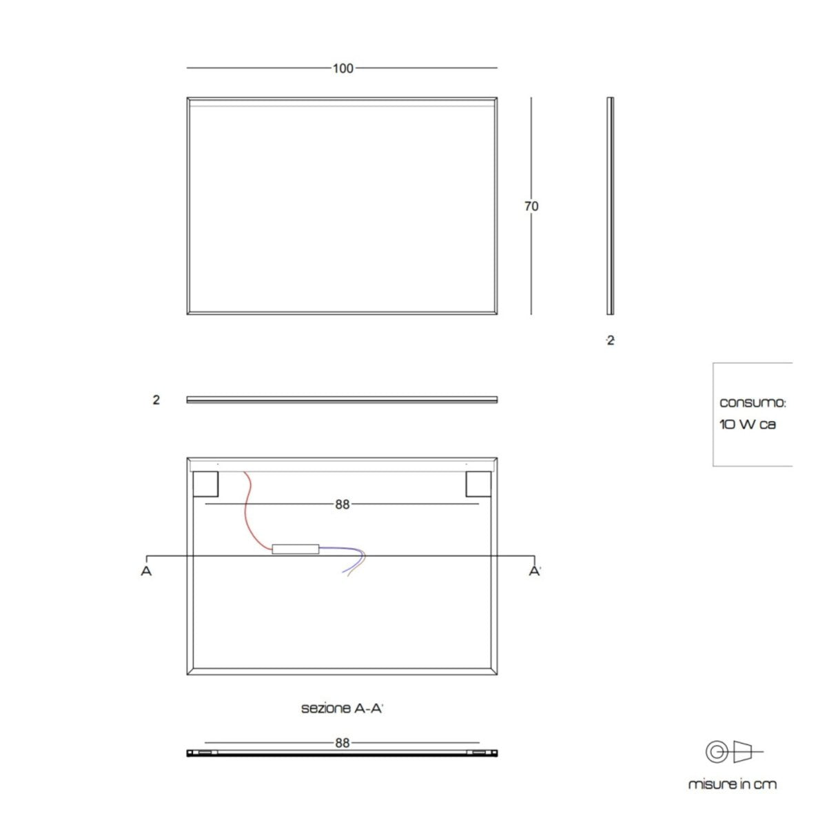 Specchio con striscia a led rettangolare "Sombra" telaio nero opaco - MondoViro