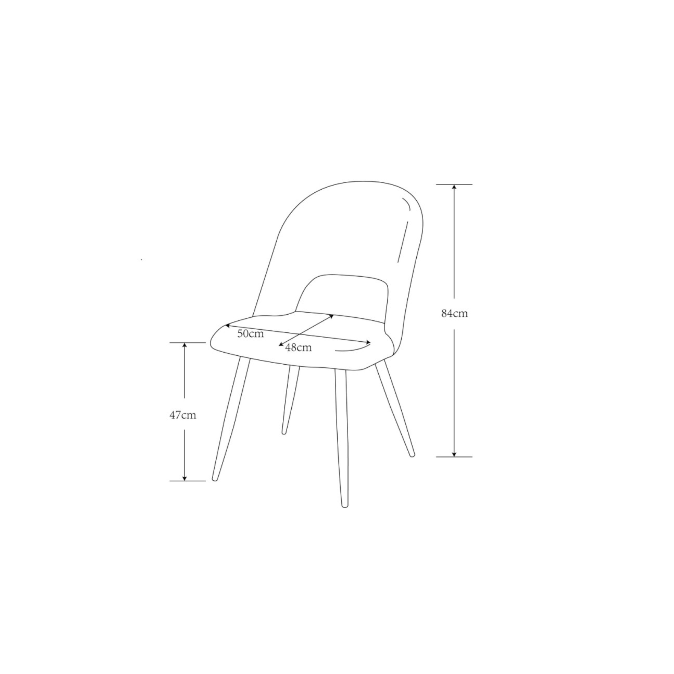 Set of "Lunetta" dining chairs upholstered in fabric with black metal legs, 50x48 cm, 84h