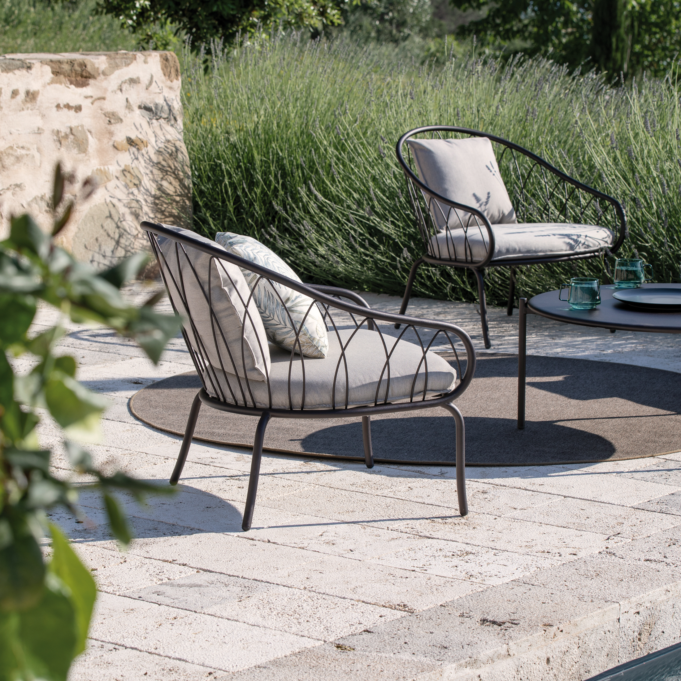 Low metal garden armchair "Flora" stackable lounge chair 75x75 cm 75h