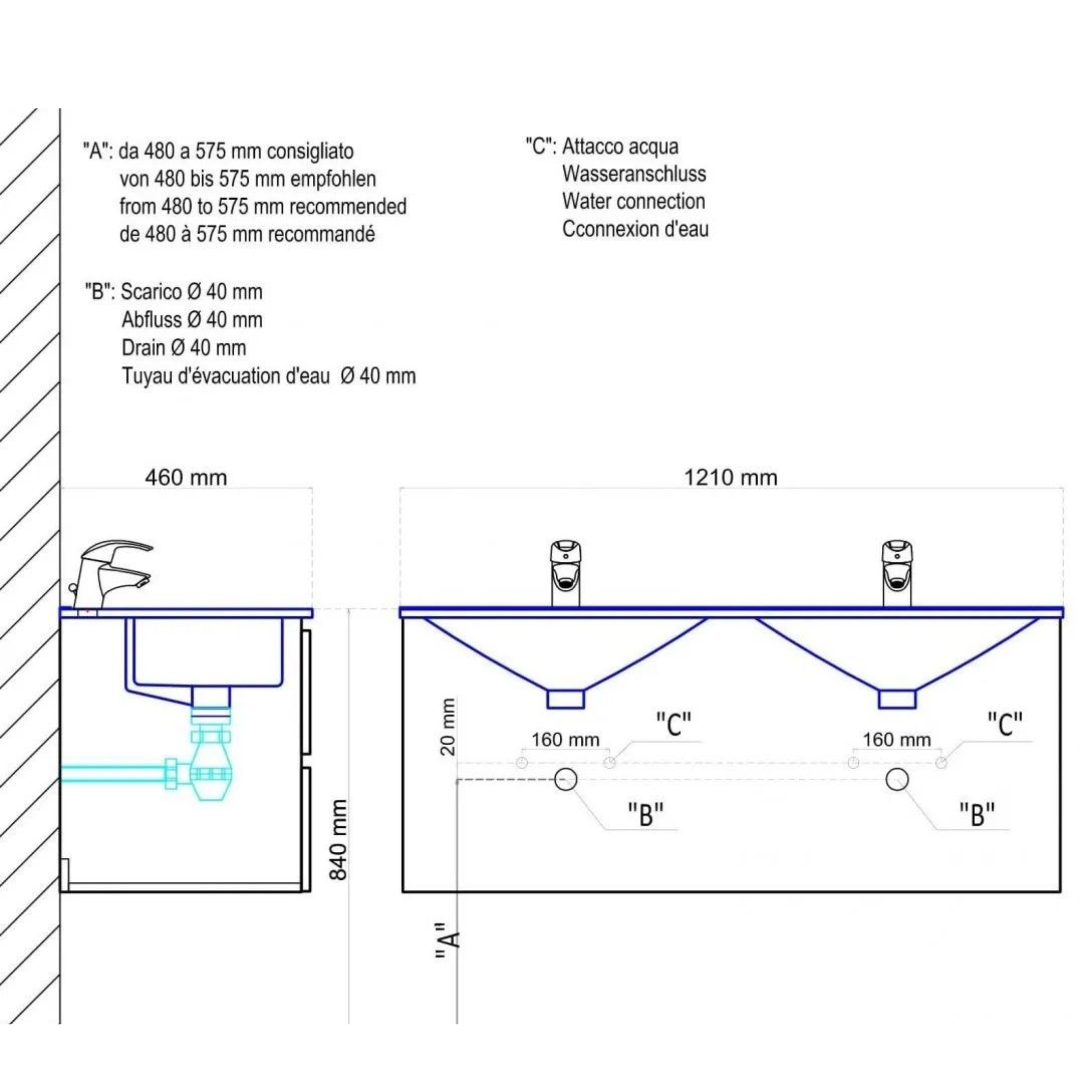 "Belize120" bathroom cabinet with double sink and two drawers in a white wood finish