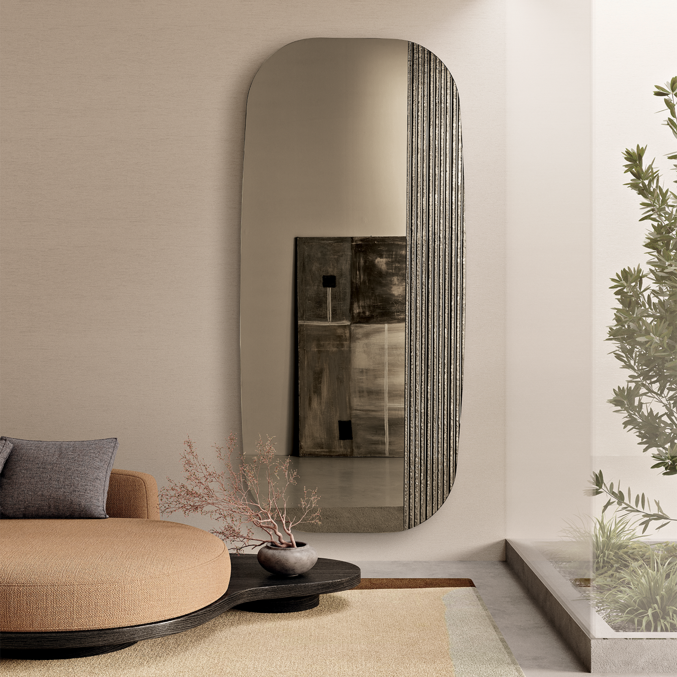 "Axis" modern shaped wall mirror with striped insert