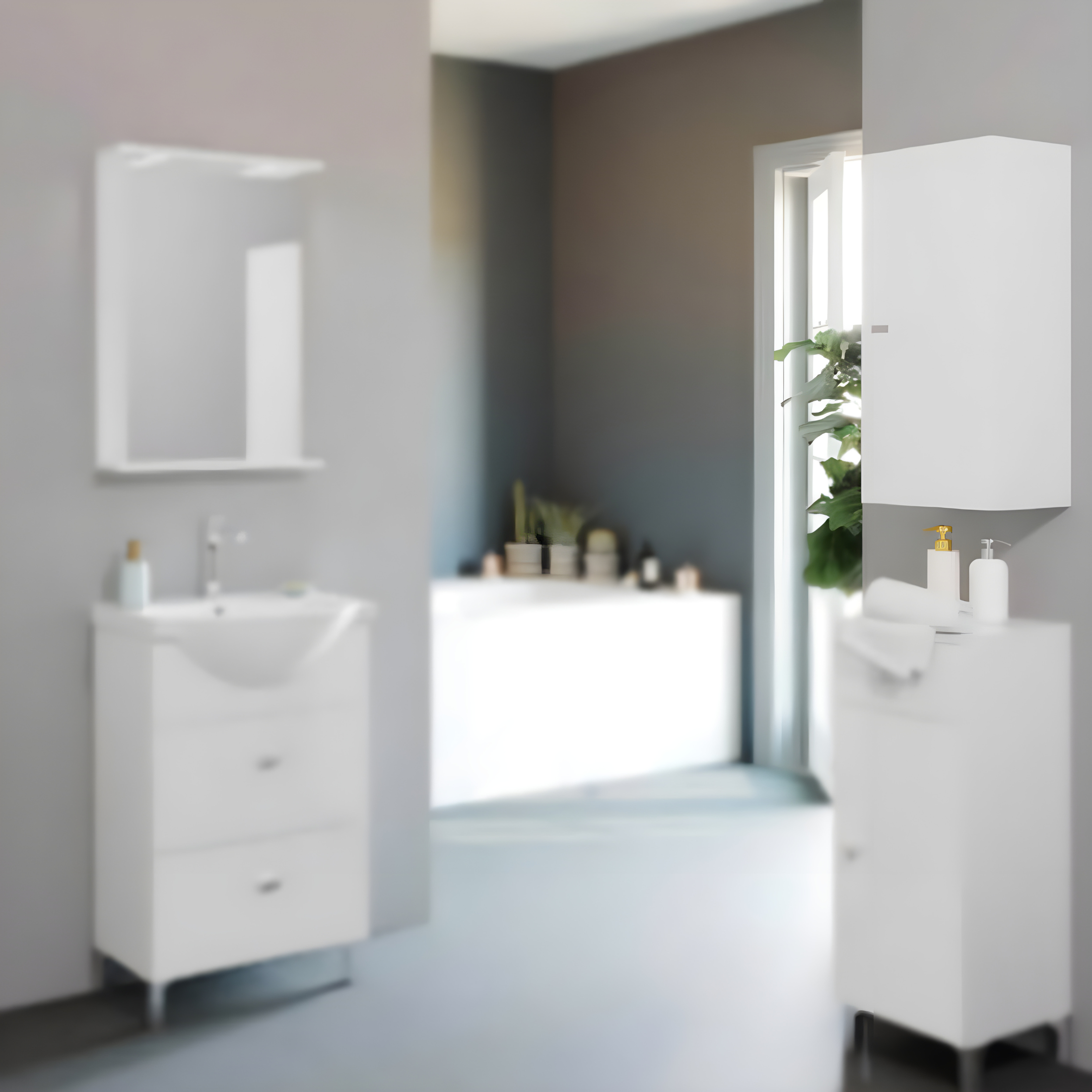 "Kiro" bathroom furniture in melamine with a glossy white finish, built-in ceramic sink and mirror
