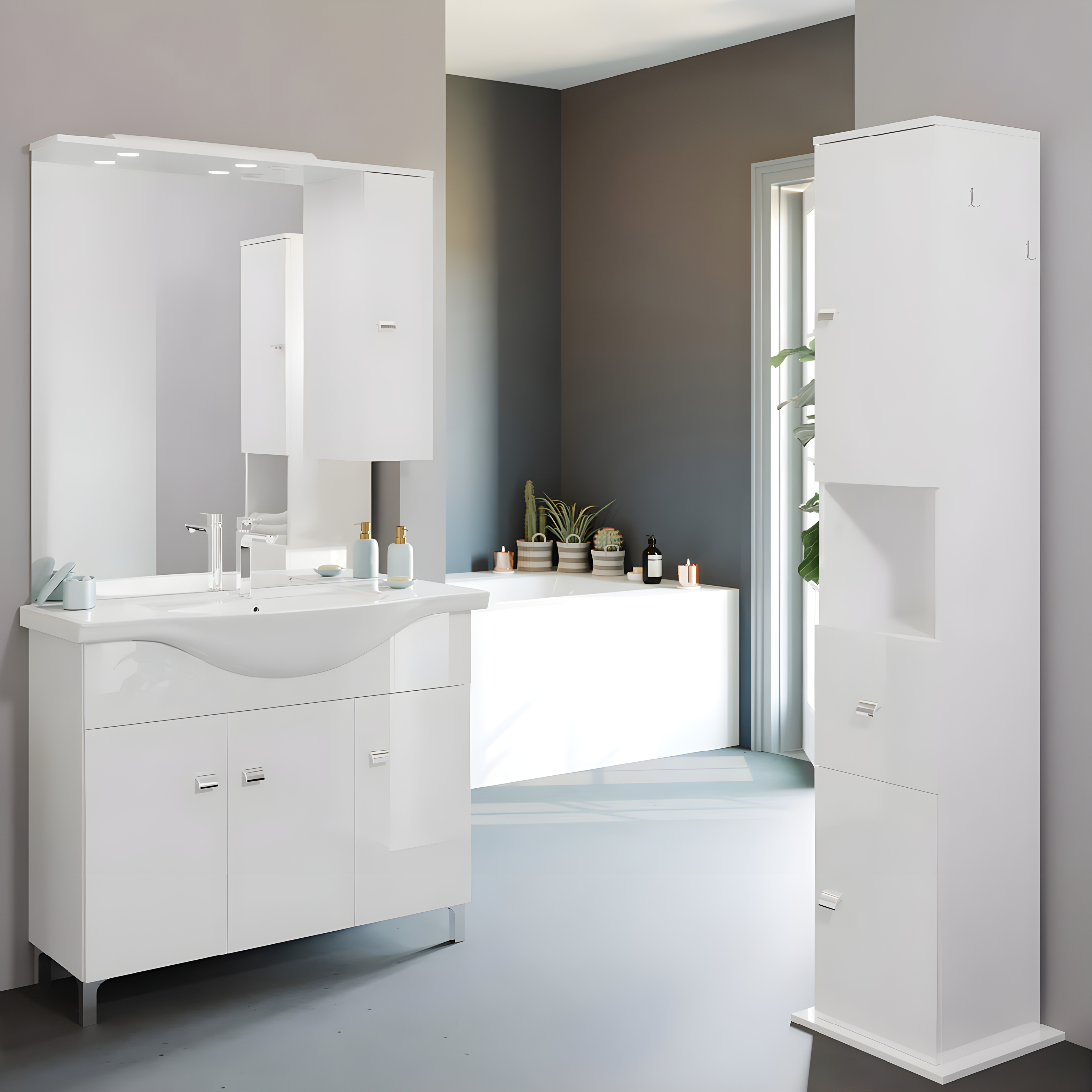 "Kiro" bathroom furniture in melamine with a glossy white finish, built-in ceramic sink and mirror