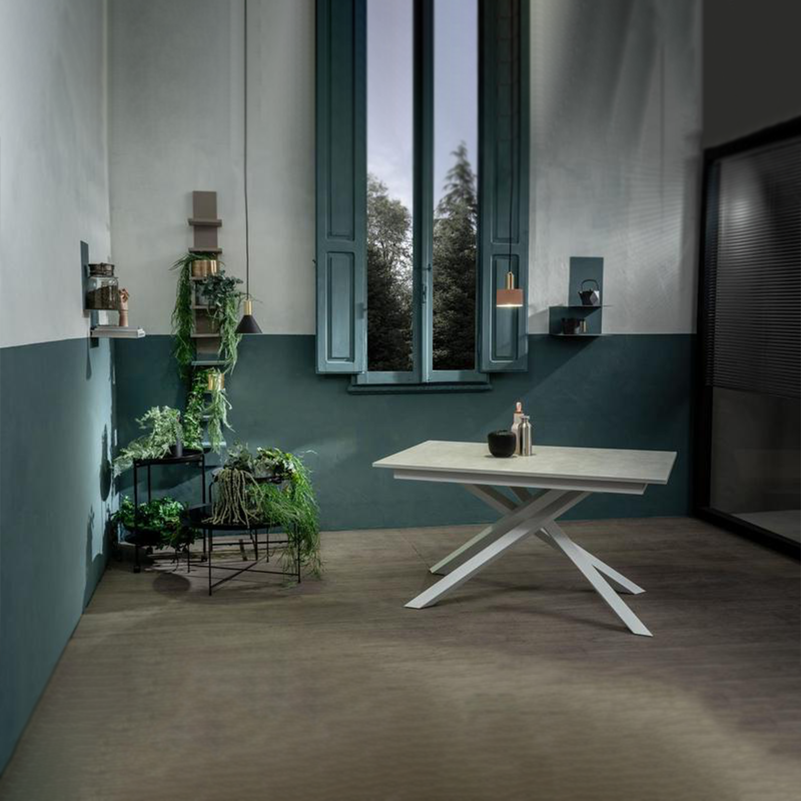 Modern extendable "Atene" table with melamine top and painted metal legs