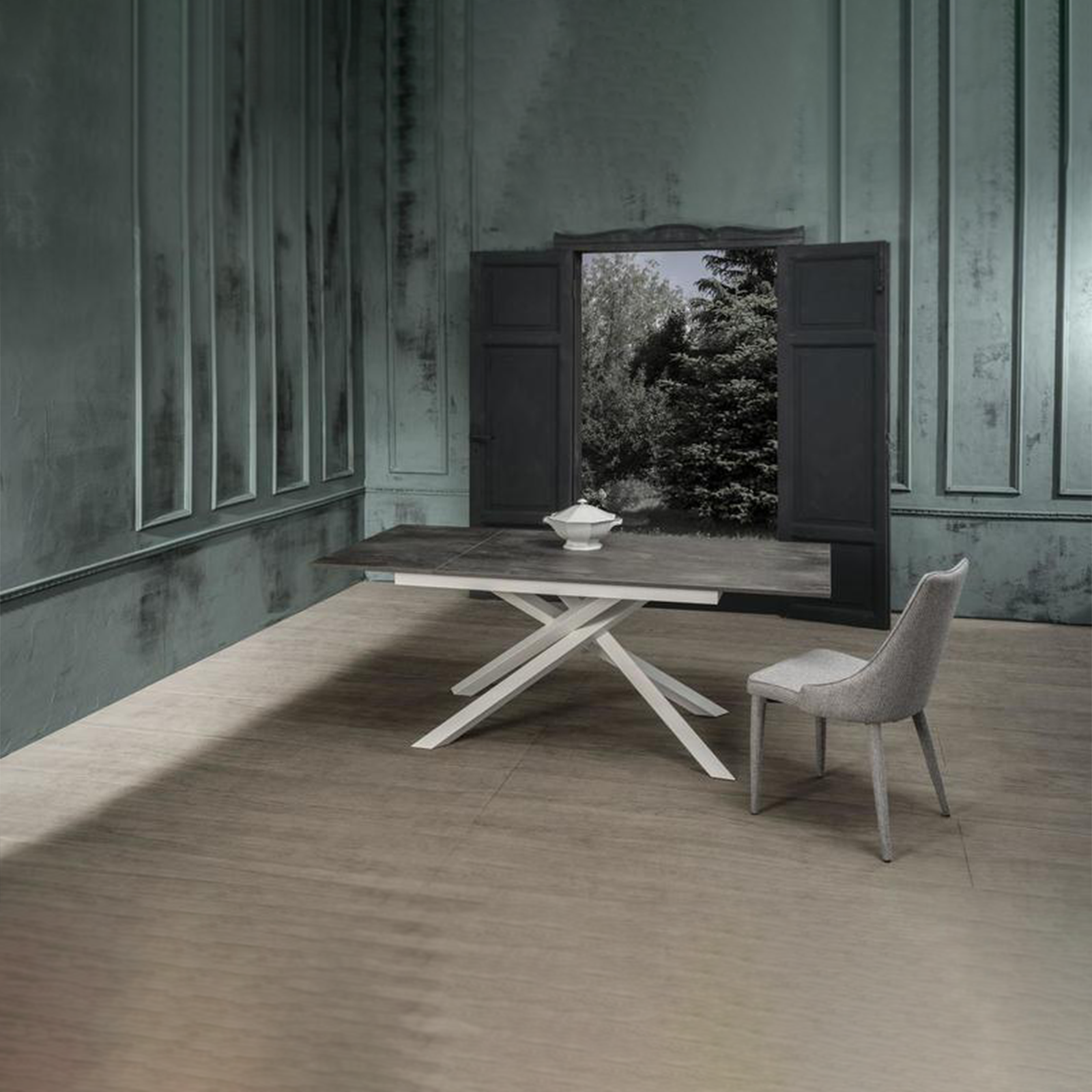 Modern extendable "Atene" table with melamine top and painted metal legs