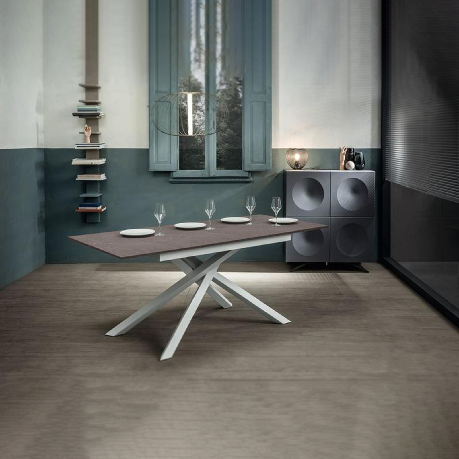 Modern extendable "Atene" table with melamine top and painted metal legs