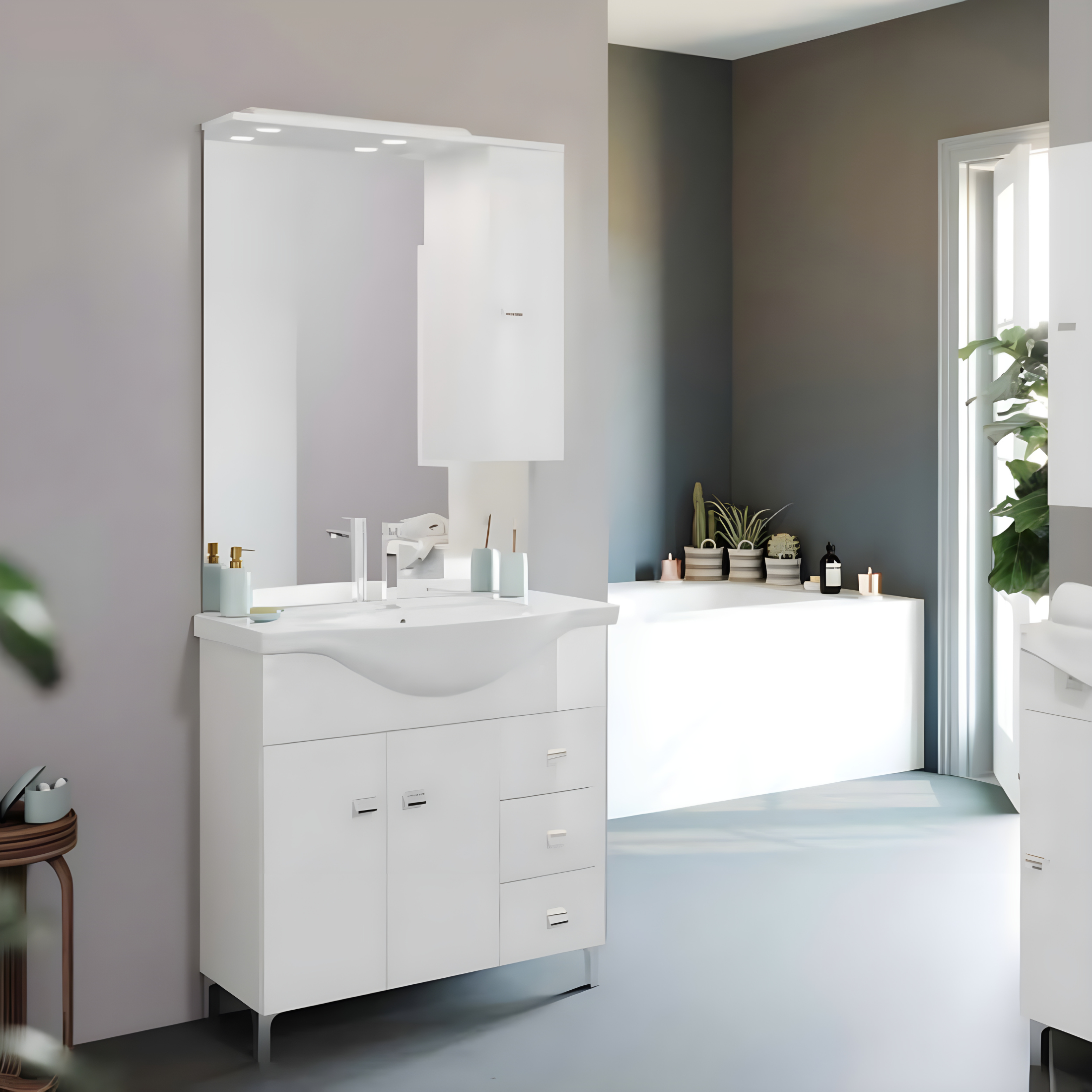 "Kiro" bathroom furniture in melamine with a glossy white finish, built-in ceramic sink and mirror